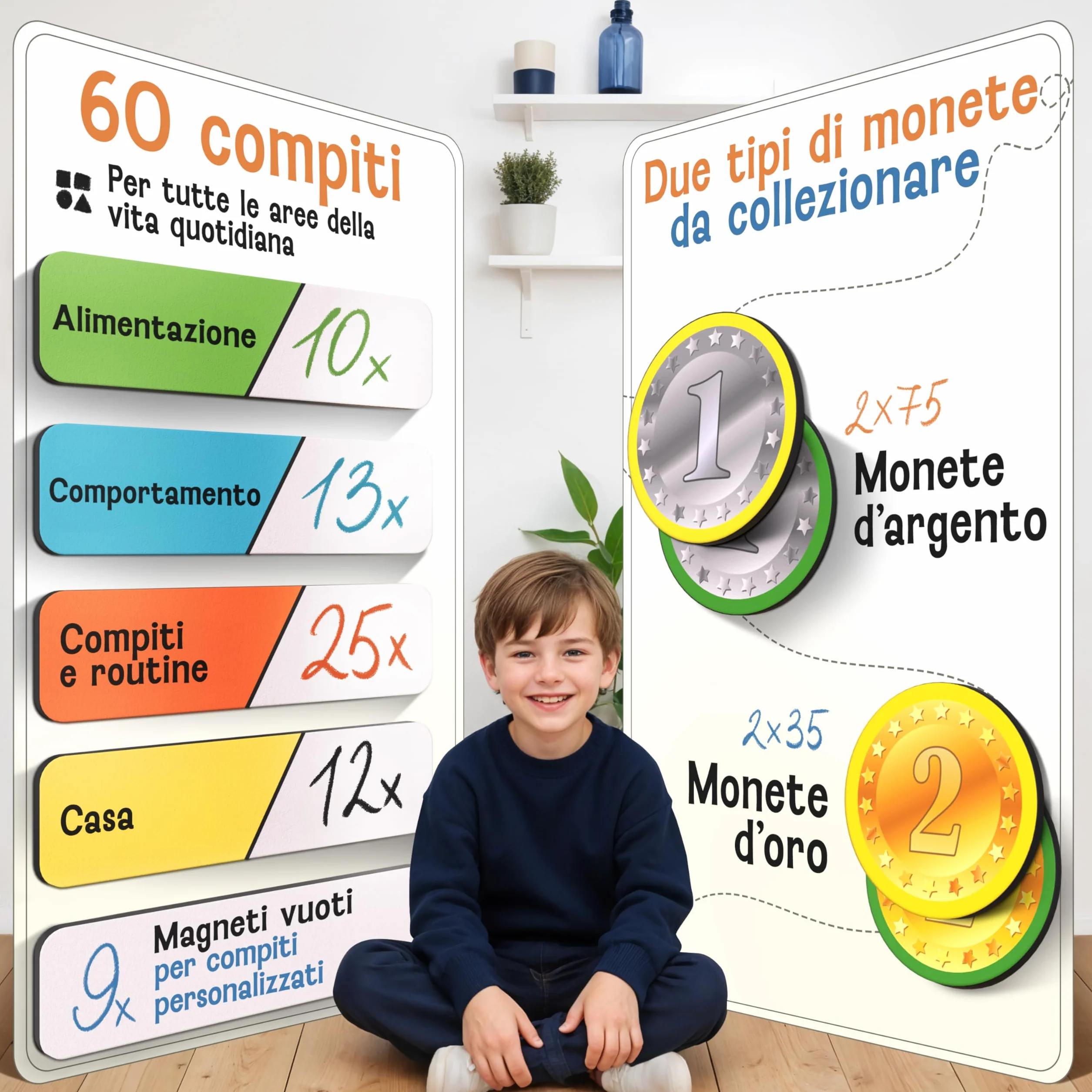 LIKARTO® Tabella delle ricompense per bambini - incl. 280 magneti - Sistema di ricompense per bambini, agenda dei compiti Montessori, indipendenza ludica, tabella magnetica, tabellone dei premi
