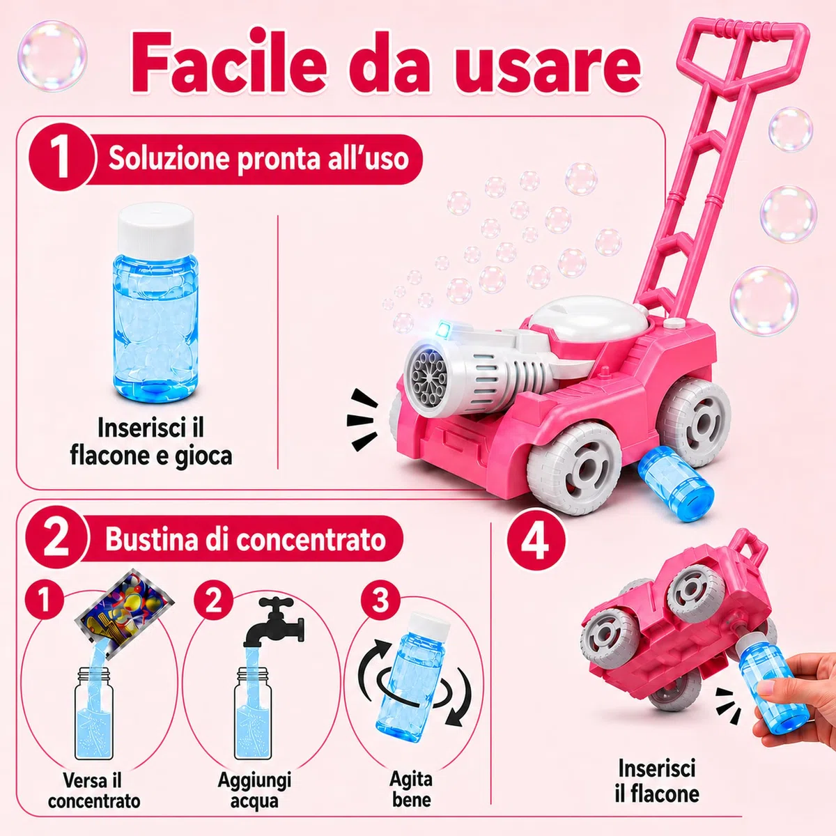 Tosaerba a Bolle per Bambini con Luce, Macchina per Bolle di Sapone da Esterno, con 4 Flaconi da 50 ml e 10 Bustine Concentrate, Giocattolo Rosa per Giardino, Cortile e Parco
