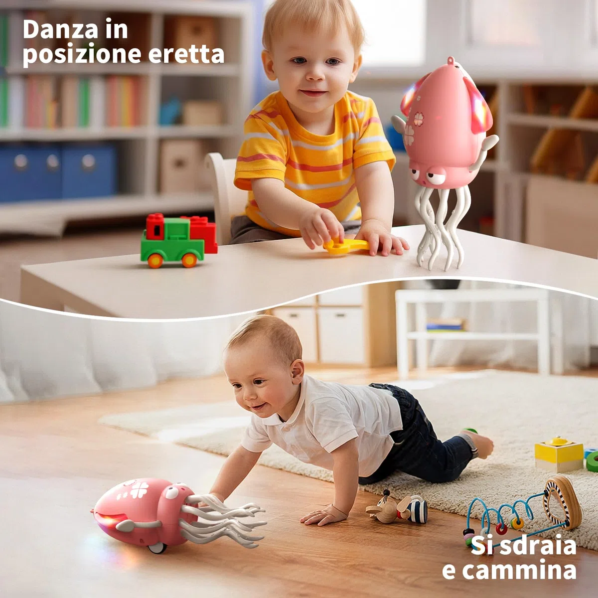 Giocattolo interattivo a forma di polpo, polpo danzante con illuminazione a LED, sistema di evitamento ostacoli intelligente e musica, giocattolo per bambini da giocare a pancia in giù (rosso)