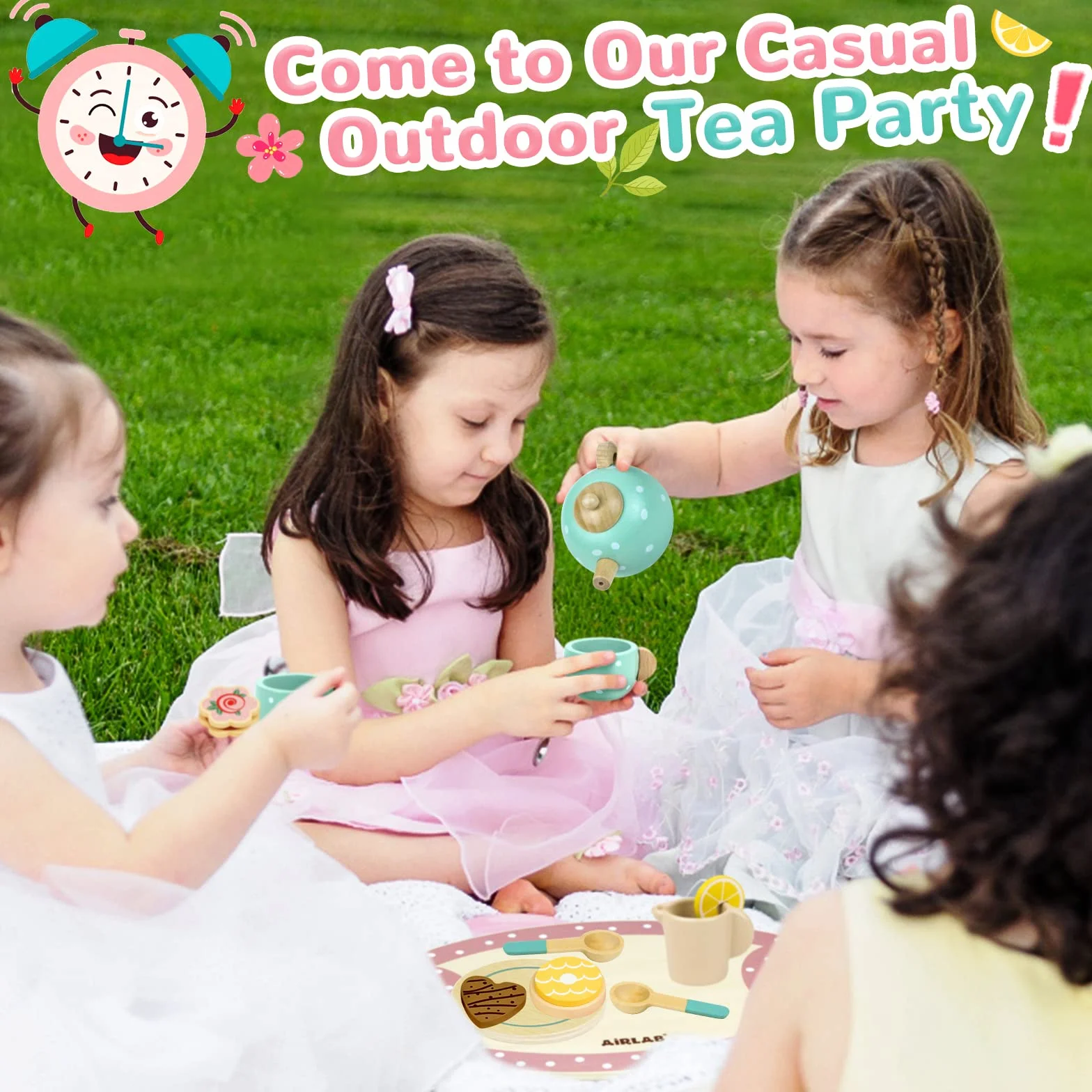 Airlab Set Tazzine Gioco per Servizio da Tè, Accessori Cucina Giocattolo Legno per Bambina Bambini, Set Cibo Finto Giocattolo per Cucina Bambini, Regalo Bambino Compleanno Pasqua Halloween Natale