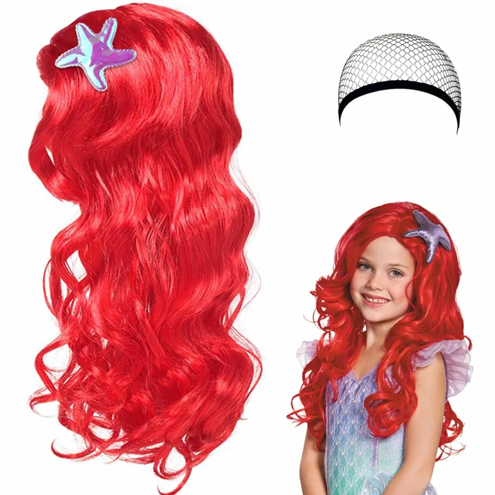Parrucca per bambini a forma di sirena, parrucca Arielle, accessorio per costume per bambini, rossa, per carnevale, feste a tema, cosplay