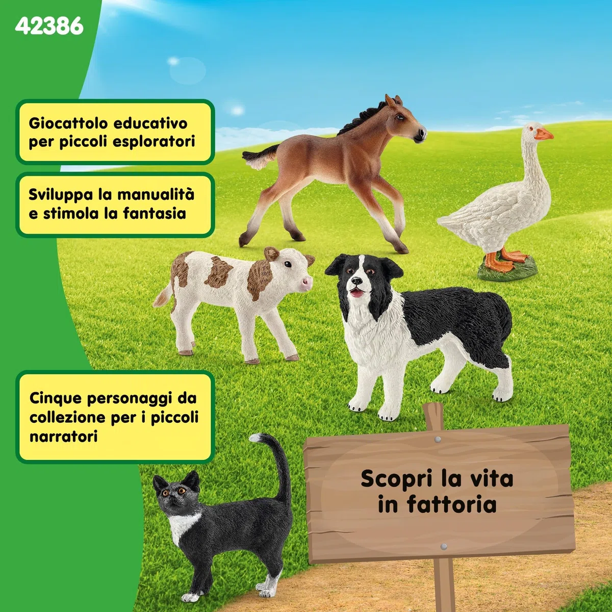 SCHLEICH FARM WORLD | Animali della Fattoria Bundle 42386 | Set con vitello, puledro, gatto, cane e oca | figure realistiche per bambini dai 3 anni | 5 pezzi | solo su Amazon