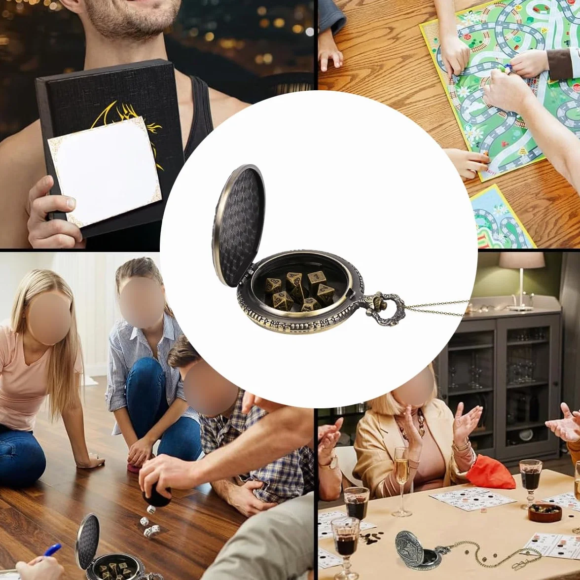 Mini set di dadi DND con orologio a forma di testa di lupo in rilievo, 7 dadi poliedrici in lega di zinco, catena in bronzo anticato, confezione regalo per giochi di ruolo da tavolo