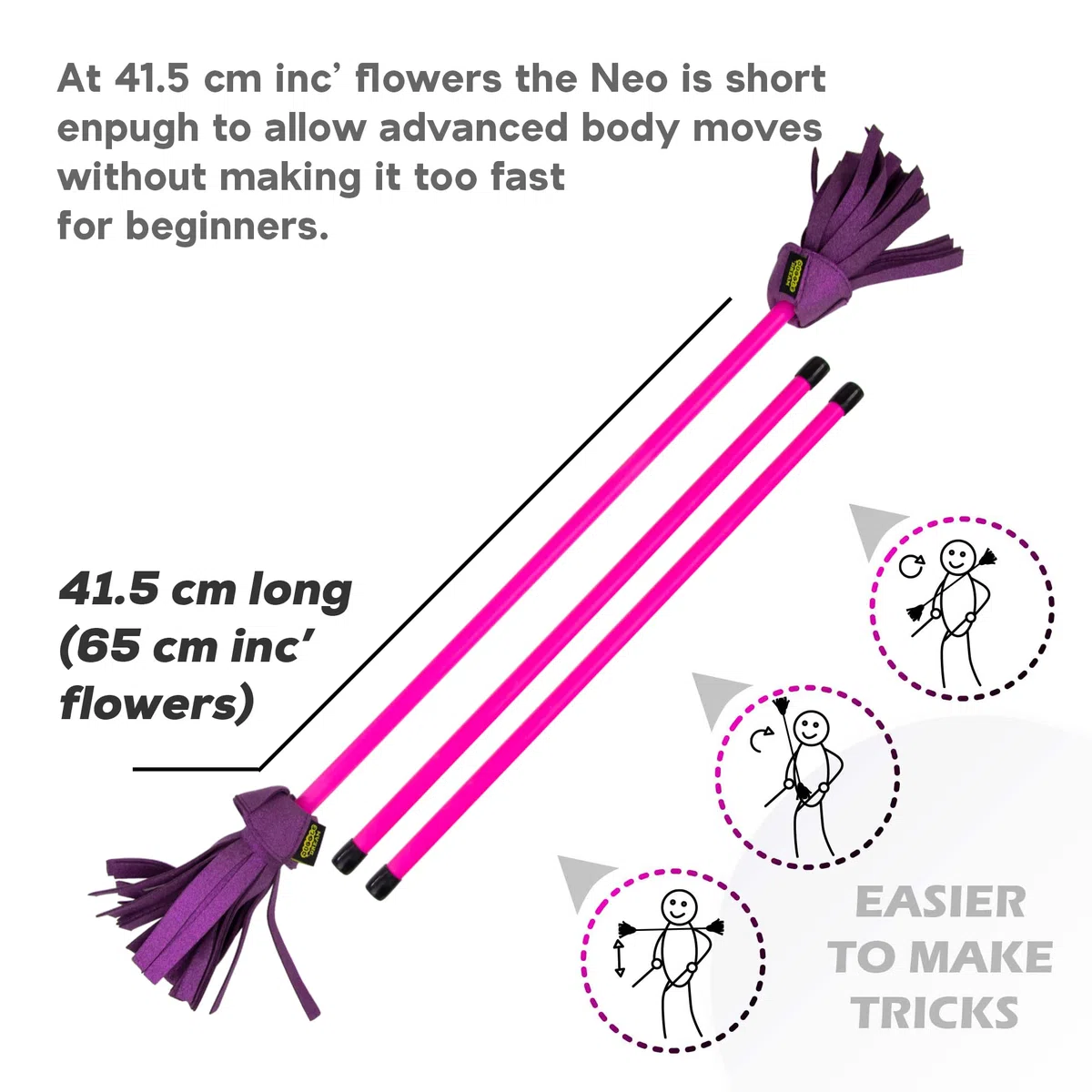 Juggle Dream Neo Flowerstick Set incl. bastoncini da mano. Bastoncino in fibra di vetro, impugnatura in silicone, frange in pelle scamosciata. Jonglier Flower Stick (rosa/viola)