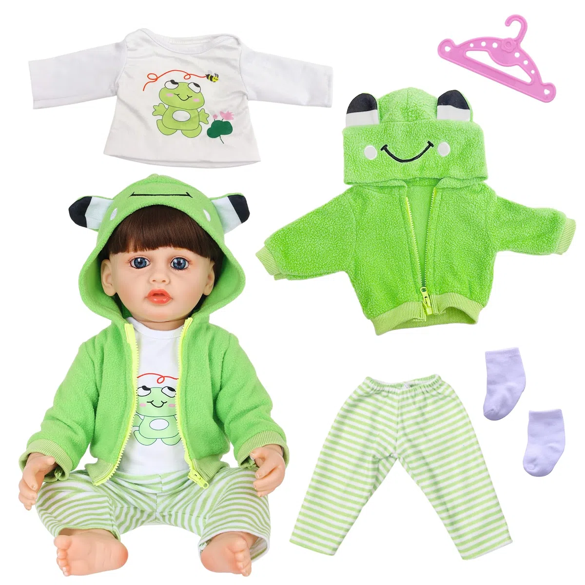 Vestiti per bambole da 50 a 55 cm, set per bambole da 20 a 22 pollici, 1 giacca con cappuccio verde, 1 top 1 paio di calzini 1 appendiabiti, graziose stampe di animali
