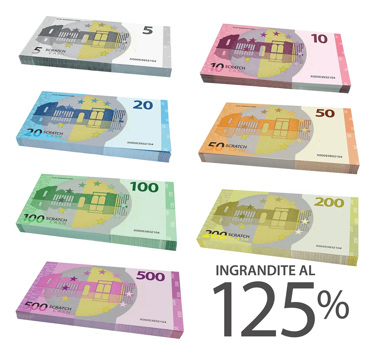 Scratch Cash Bundle 175 Dimensioni Aumentate al 125%, Banconote Finte 25 x 5, 10, 20, 50, 100, 200, 500 Euro, Fac-Simile Euro