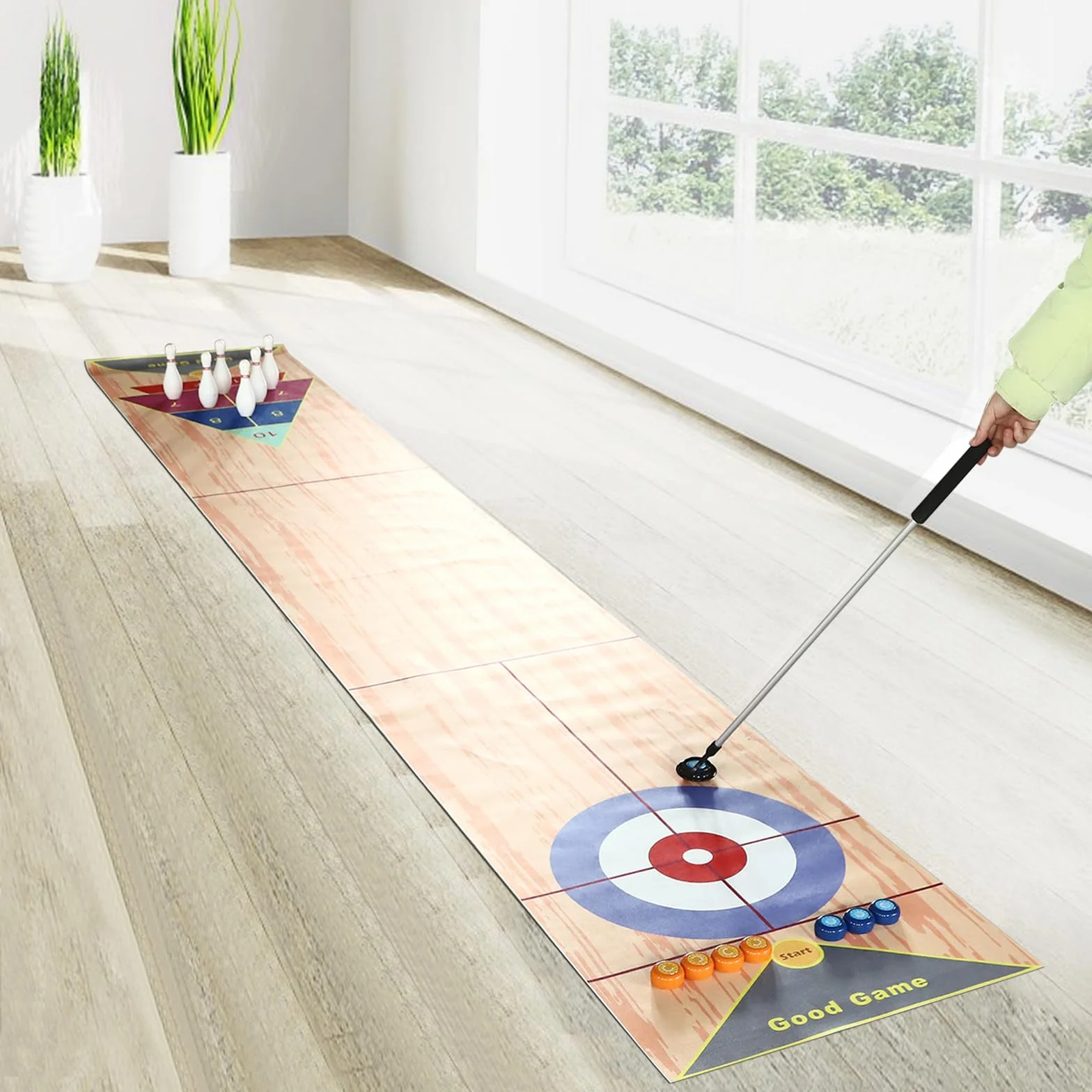 Set di giochi da tavolo 3 in 1, shuffleboard bowling curling, gioco di famiglia, con 2 aste di spinta e 8 arricciature e 6 pin, tavolo Top Games per casa, ufficio, feste