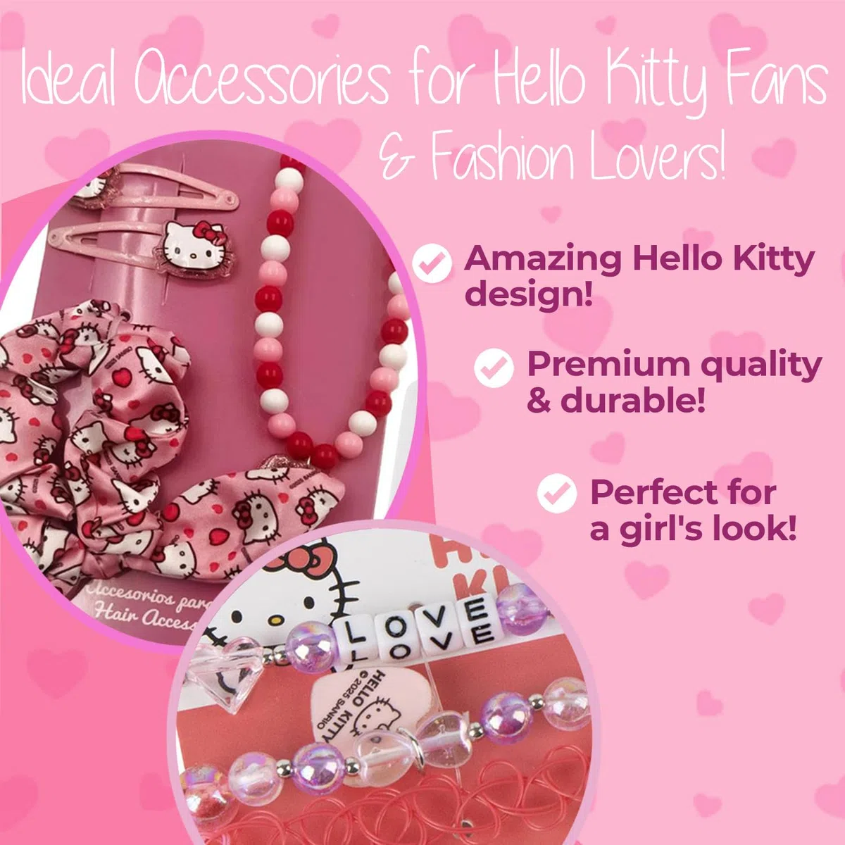 Hello Kitty - Set di gioielli e accessori per capelli da ragazza, 2 bracciali, collane con perle, tiranti e pinze, set moda per bambini, idea regalo per ragazza Hello Kitty