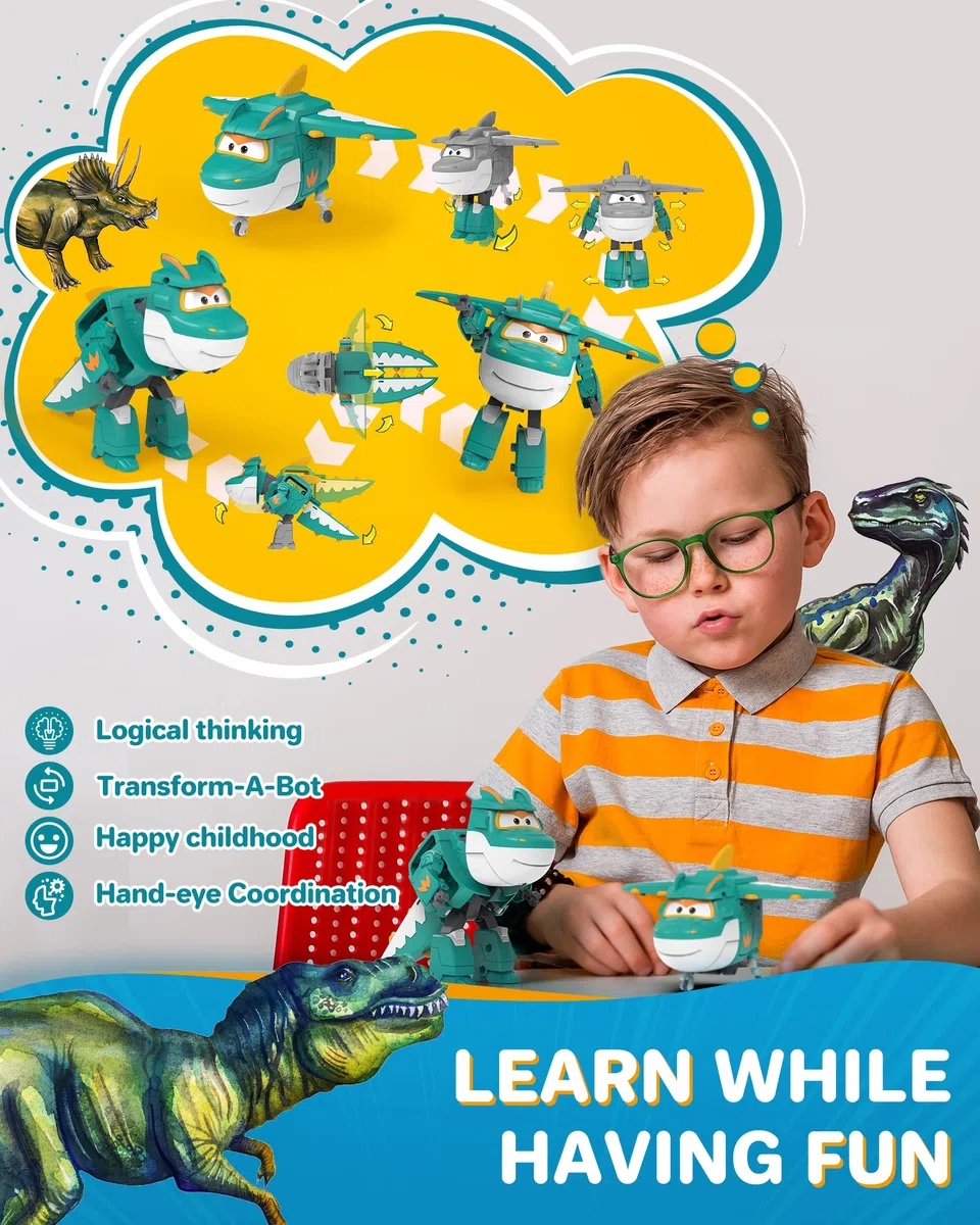 Super Wings Giocattolo Trasformabile Tino Dinosauro 5 pollici - Trasformazione Semplice, Regalo Bambini 3+ Anni, Verde