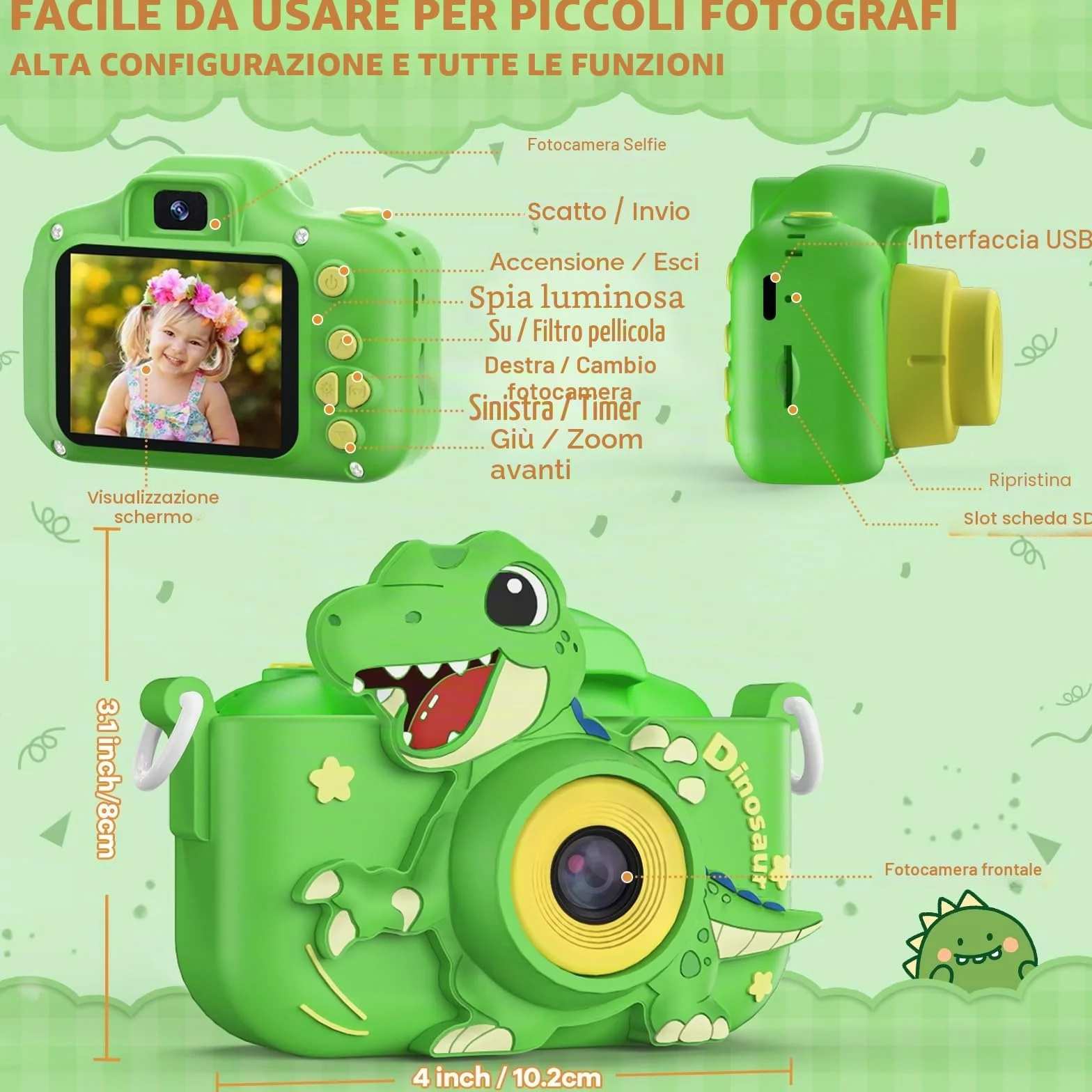 Macchina Fotografica Bambini 3-12 Anni, 48MP Digitale Fotocamera Bambini con Scheda 32 GB, Gioco Regali Natale & Compleanno per Bambino Bambina 3 4 5 6 7 8 9 10 Anni, Cappuccio di Dinosauro (Verde)