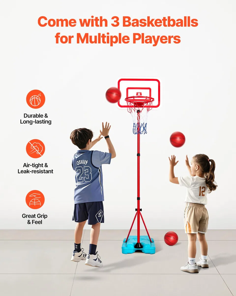VEVOR Canestro da Basket per Bambini, Altezza Regolabile, Campo da Basket Portatile con Base Riempibile, Gioco Sportivo da Giardino per Interni ed Esterni, Giocattoli da Basket per Bambini, Rosso Blu