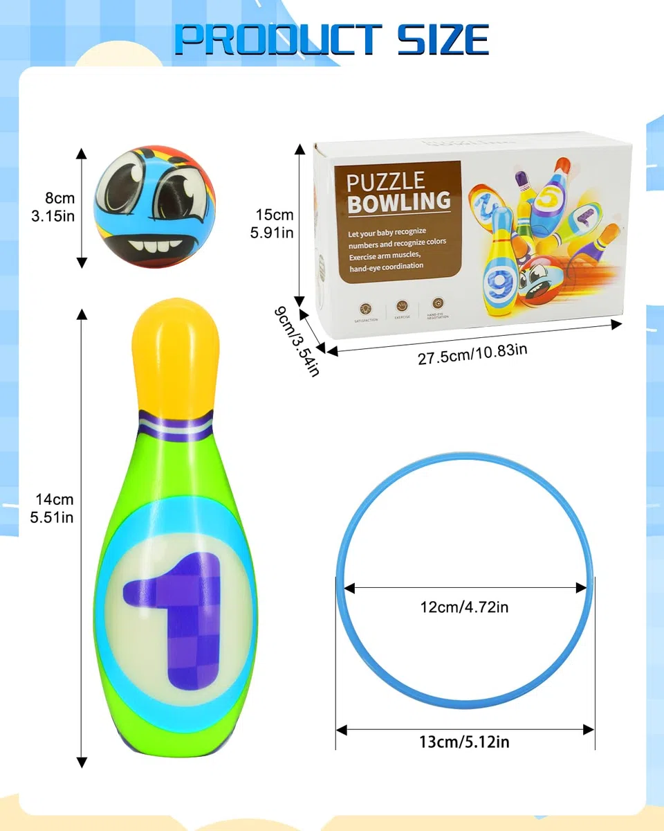 Bowling Set Bambini, Giochi Bambini 3 4 5 Anni, Bowling Set Bambini con 10 Birilli 5 Anelli e 2 Palle, Giochi da Giardino per Bambini Giochi Montessori