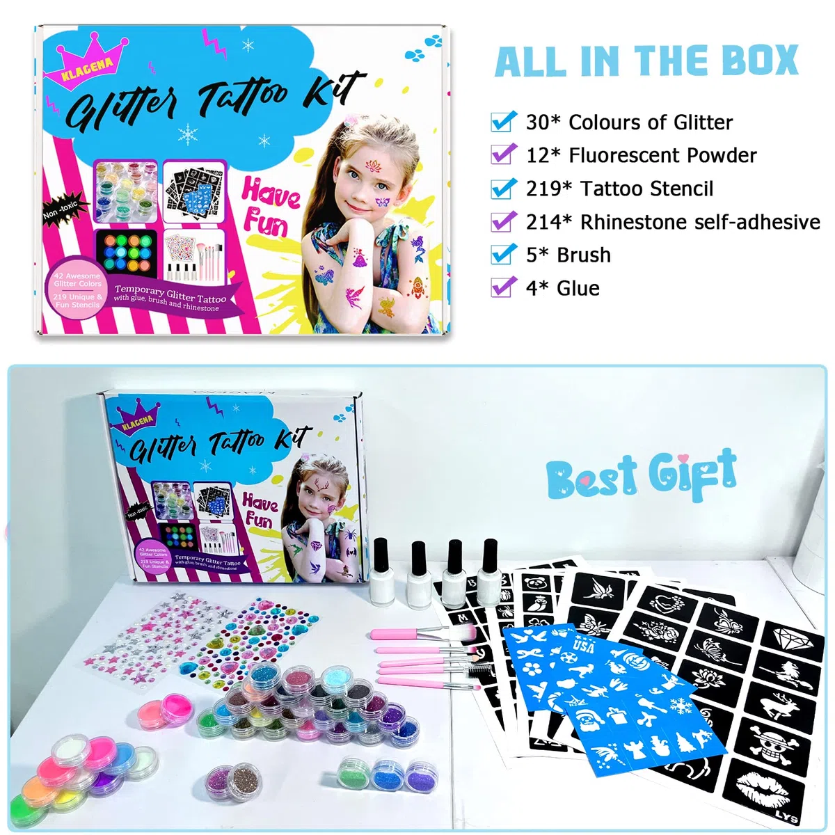 Set di tatuaggi glitterati per bambini, 42 colori (glitter, 12 fluorescenti, lucidi di notte), 219 stencil, 213 strass, 5 pennelli, 4 adesivi (fácil da lavare, non irrita la pelle)