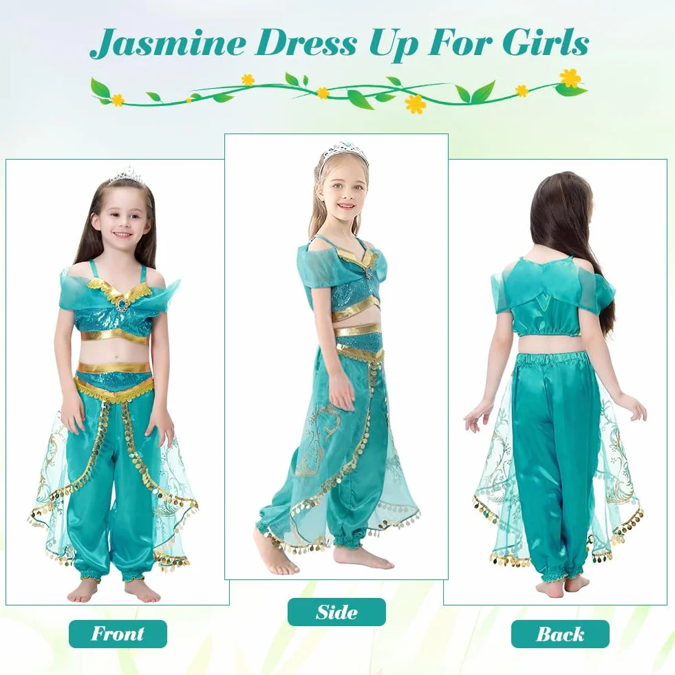 ACWOO Costume Vestito Jasmine Principessa per Ragazza Bambini, Jasmine Costume Ragazze Principessa con Parrucca, Jasmine Principessa Abiti Ragazze per Festa Danza Compleanno Halloween Cosplay