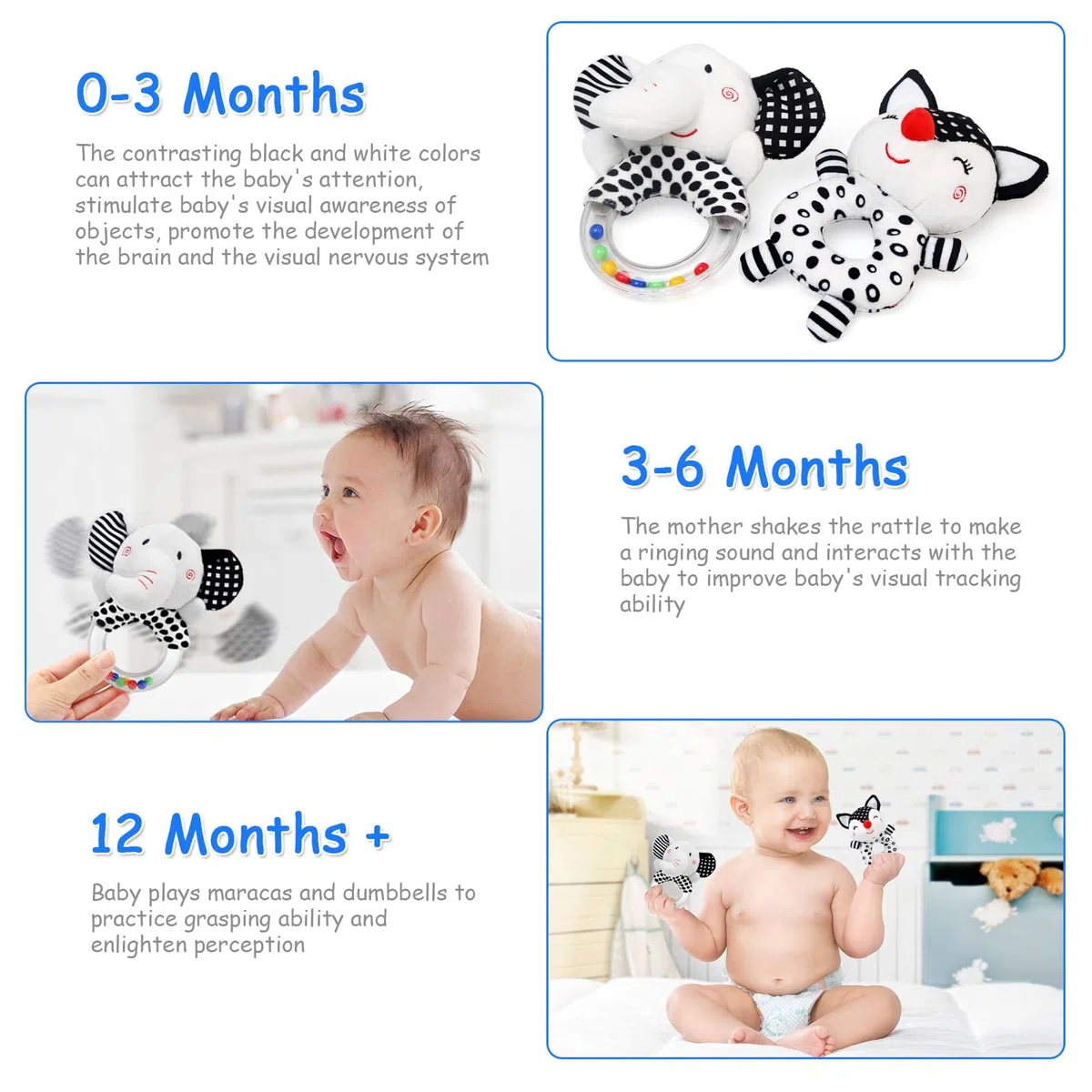 JoyLife Giochi Neonato 0 3 6 Mesi, Sonaglio Neonato Bianco e Nero, Alto Contrasto Sensoriale Neonati Giocattoli, Giocattoli Morbidi a Sonagli Regalo per 3 6 9 12 Mesi Ragazzi e Ragazze