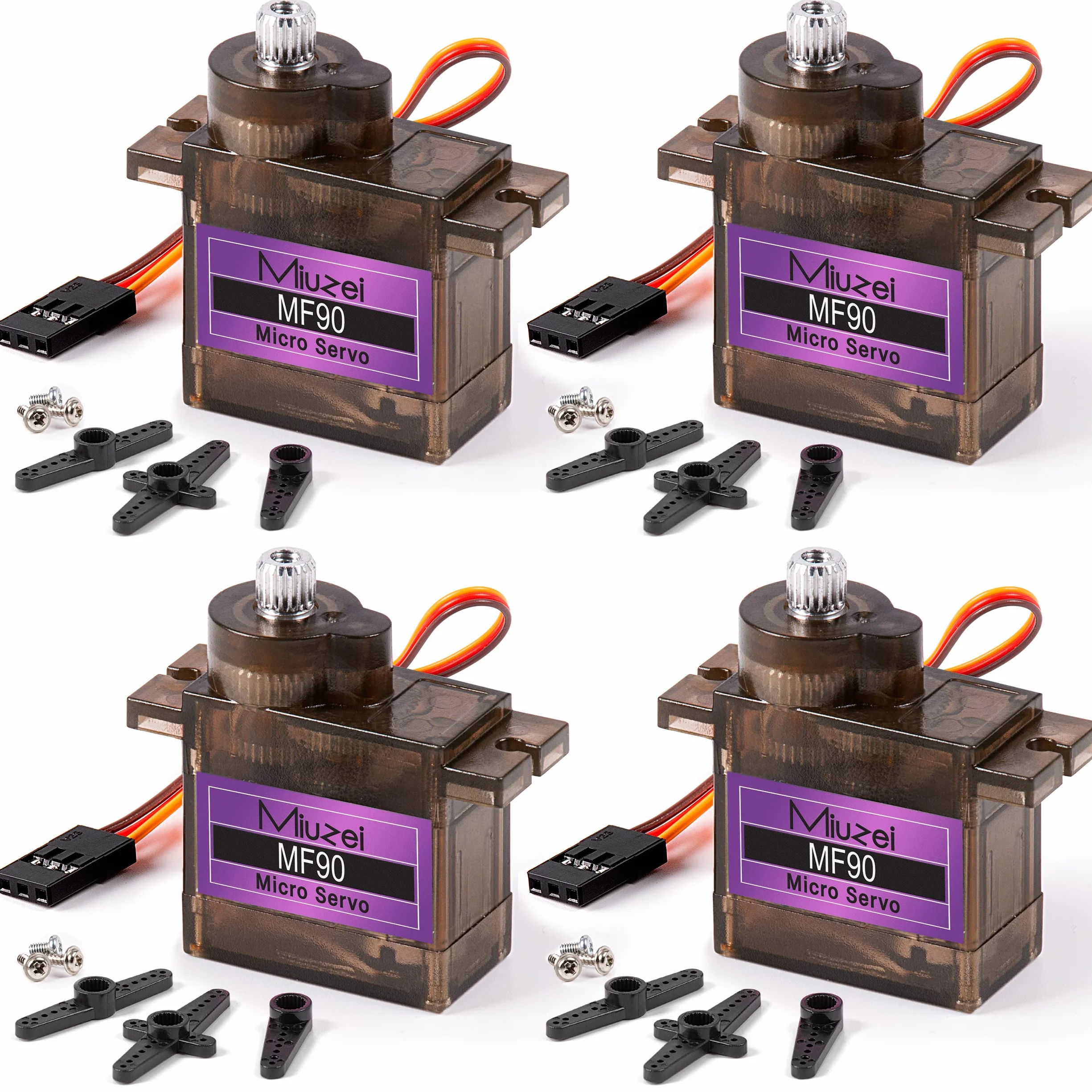 Miuzei Micro Servo Metal Gear 90 9G Rc Motore Sterzo per Arduino Set Elicottero, Auto 1/10 1/8 Robot Ala Rigida Elicottero, Modelli fai da te con Cavo Servo Horn (4 pezzi)
