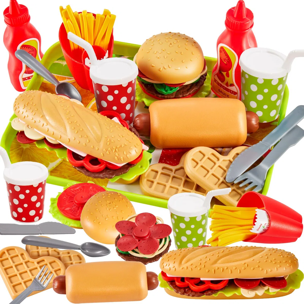 BUYGER Set Cibo Cucina Giocattolo per Bambini con Hamburger Hot Dog, Accessori Cucina Alimenti Finto, Giochi di Ruolo, Regalo per Bambini 3 + Anni