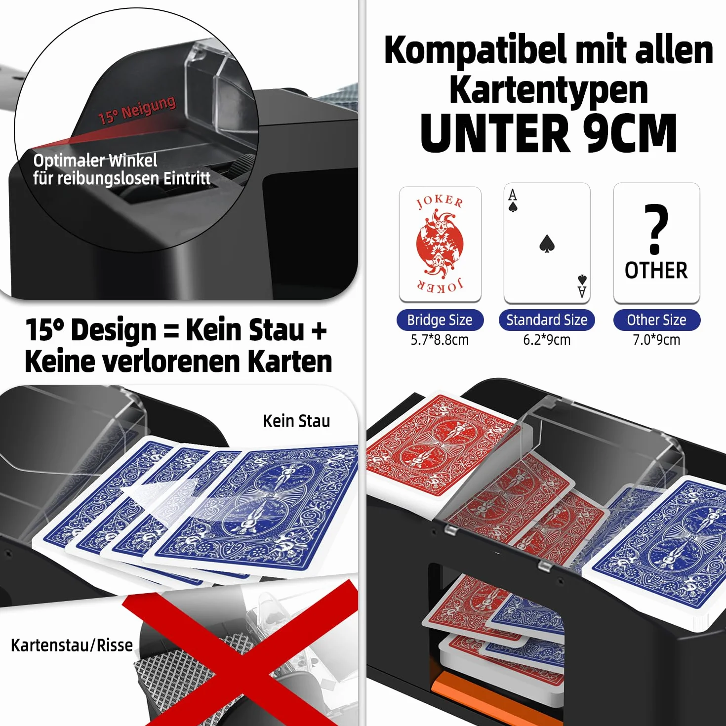 Mescolatore automatico di carte – Silenzioso e con batteria da 2000 mAh – Mescola 2 mazzi di carte – Compatibile con Poker, Bridge, Rommé, Skat