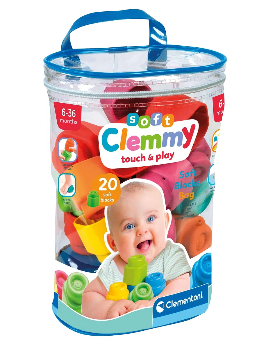 Clementoni Clemmy - 20 Mattoncini per Costruzioni, Gioco Prima Infanzia Made in Italy, Bambini 18-36 Mesi, 100% Igienici e Lavabili, per Sviluppare Manualità, Percezione Visiva e Fantasia, 17877
