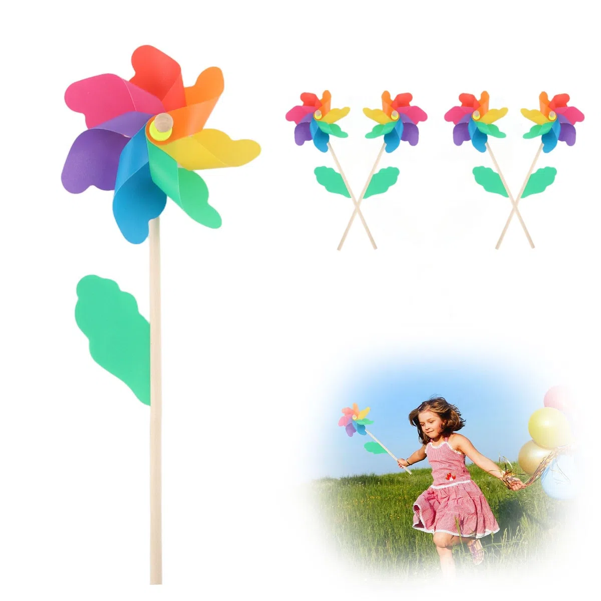 Girandola a Vento, Dwafill 4 Girandole Bambini, Palo In Legno 40 Cm, Foglie Vento Colorate, Segnavento da Giardino, per Spiaggia, Parco, Campeggio, Balcone, Estate (4)