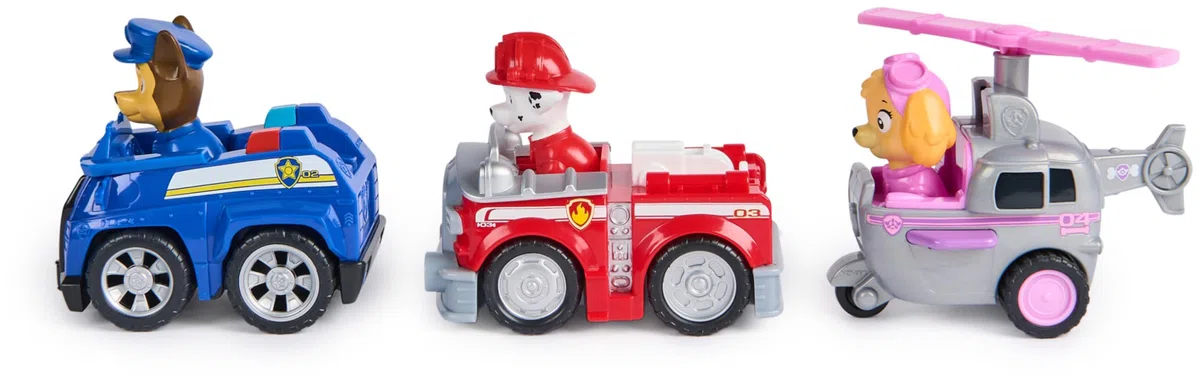 Paw Patrol, Confezione da Tre Veicoli di Salvataggio Deluxe, Auto Giocattolo a retrocarica di Chase, Marshall e Skye, Giocattoli per Bambini e Bambine da 3 Anni in su
