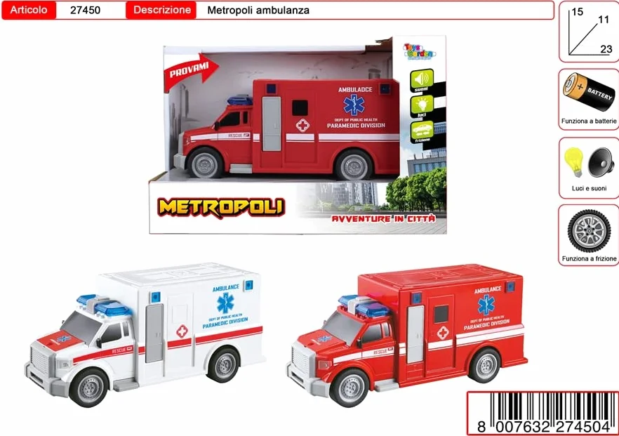 AMBULANZA ROSSA METROPOLI AVVENTURE IN CITTA' LUCI E SUONI A FRIZIONE