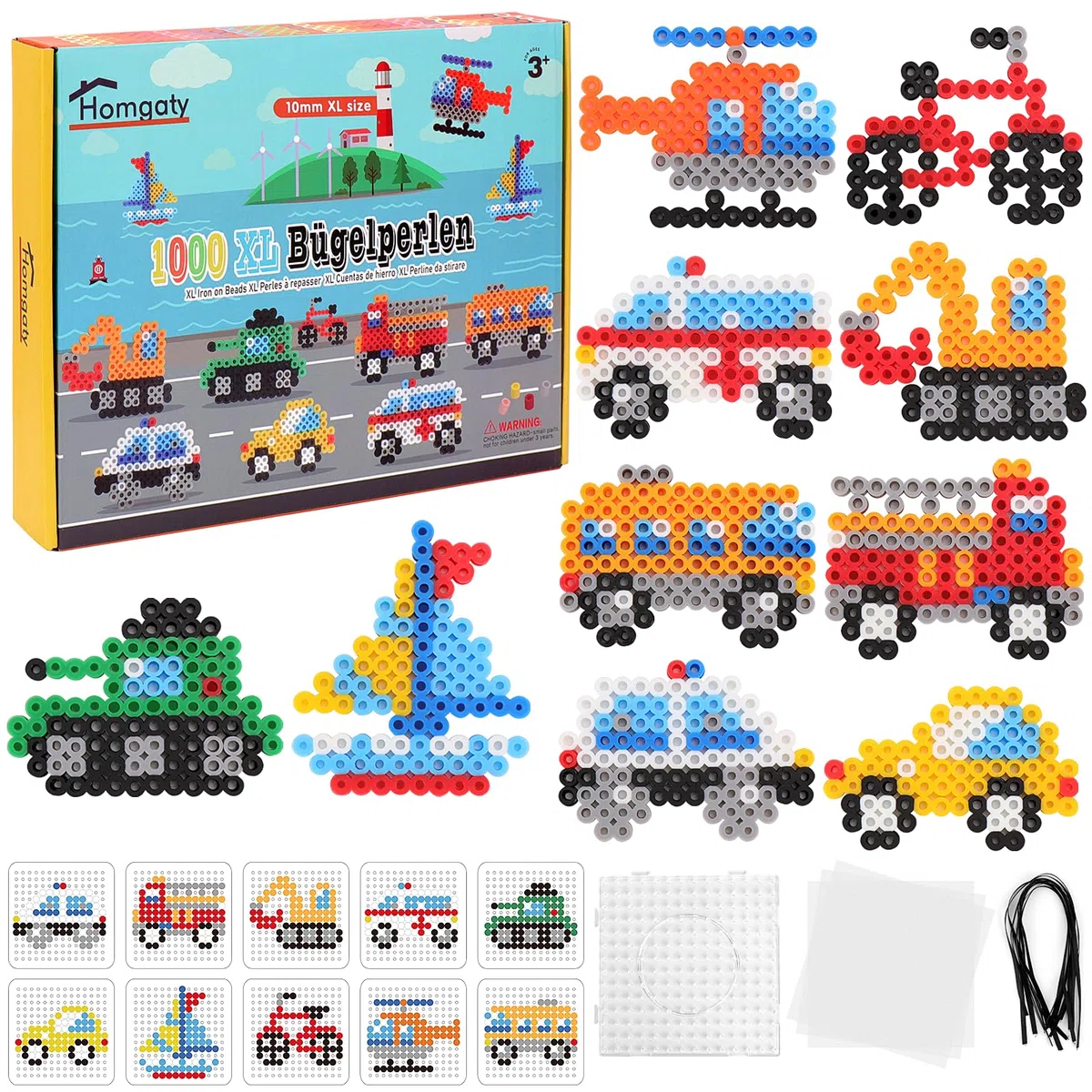 Homgaty Perline da Stirare 10 mm, Oltre 1000PZ con Piastre e Accessori, Grandi Perle per Bambini, Set Creativo Fai da te con Tanti Modelli, Ideale dai 3 Anni in Su (Trasporti)