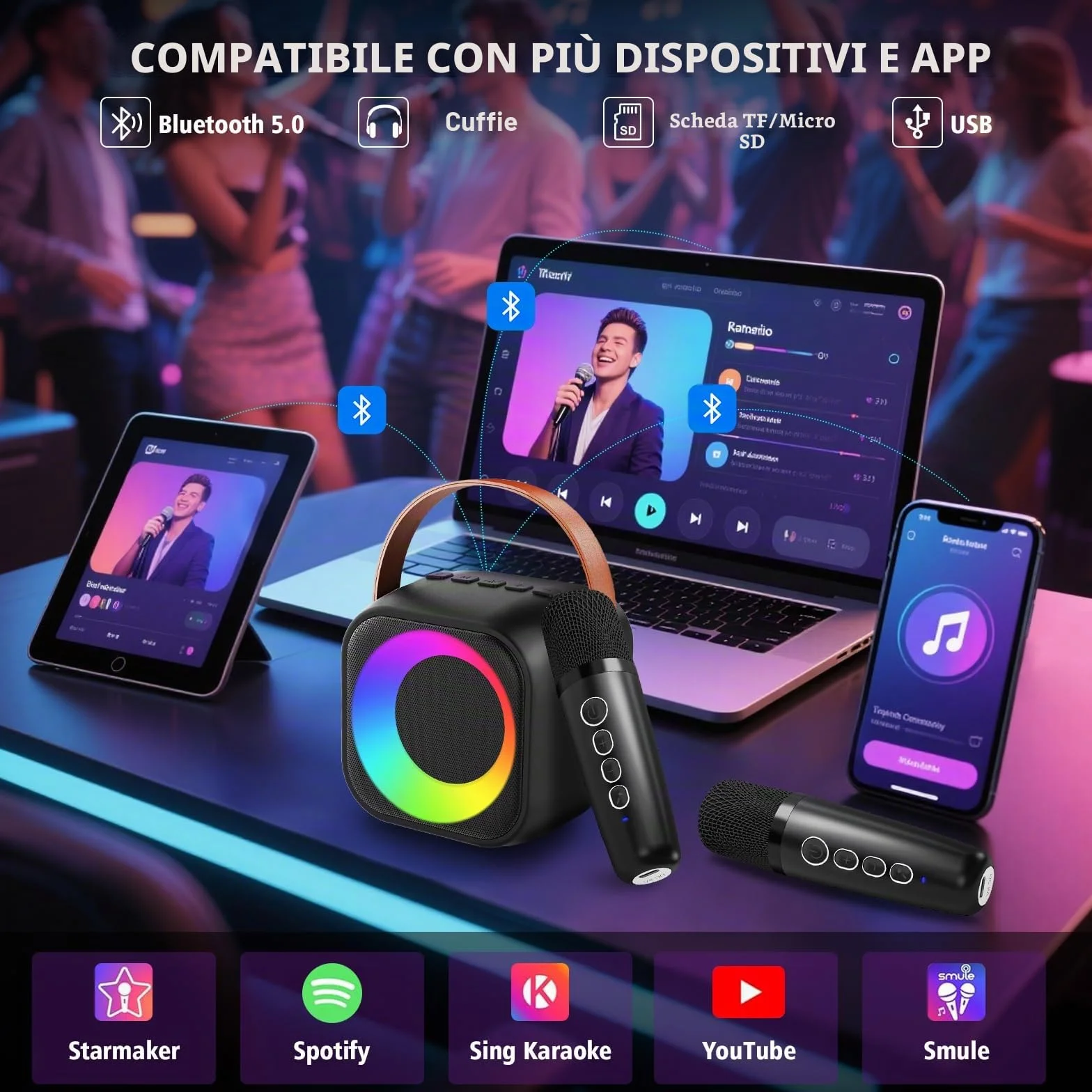 Karaoke Bambini con 2 Microfoni, Microfono Karaoke per Bambini e Adulti con Luce LED, Macchina Karaoke Portatile con Effetti di Cambio Voce, Regali per bambini da 3 a 12 anni