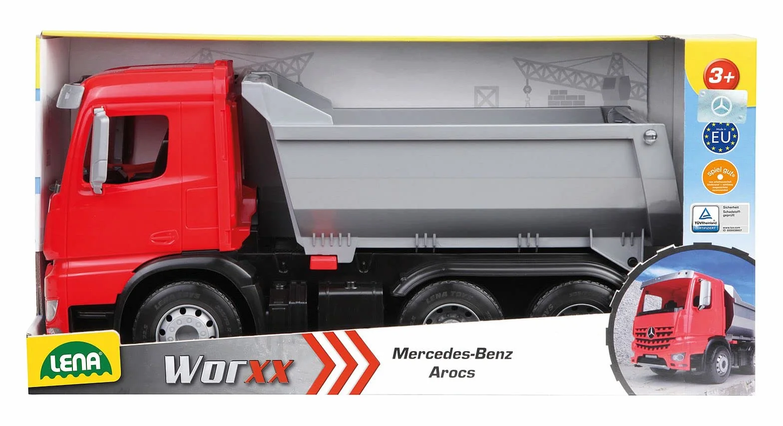 LENA - Worxx Mercedes Benz Arocs Ribaltabile Veicolo Giocattolo per 3+ Anni Bambini, Rosso/Grigio