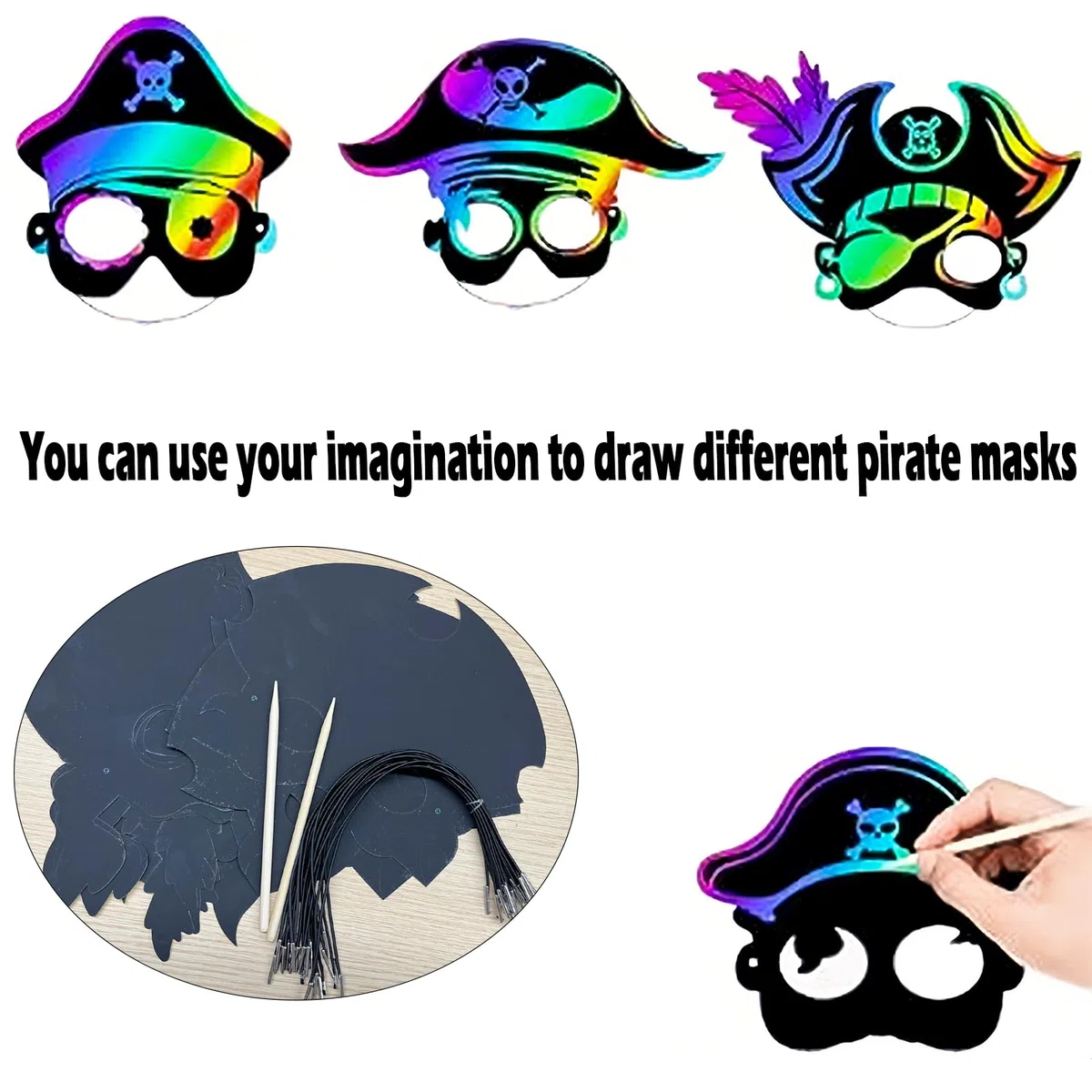 Qpout 48 maschere da graffio a tema pirata arcobaleno, per compleanni, Halloween, feste in maschera