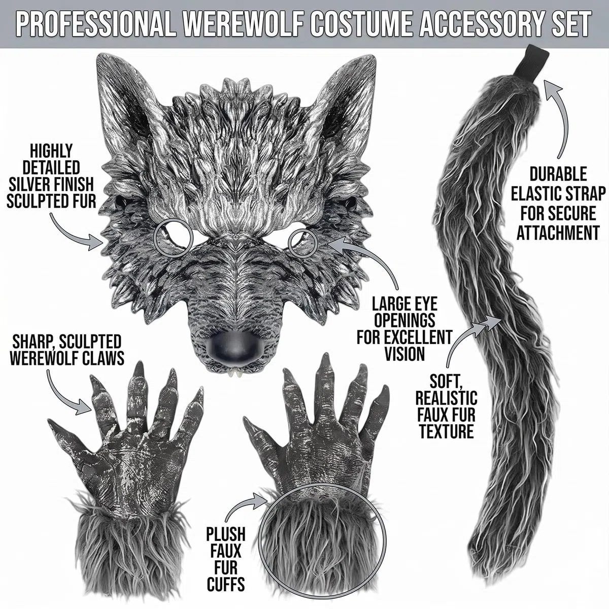 Costume da lupo per cosplay, maschera di lupo con coda di volpe, guanti, costume di carnevale per feste di Halloween