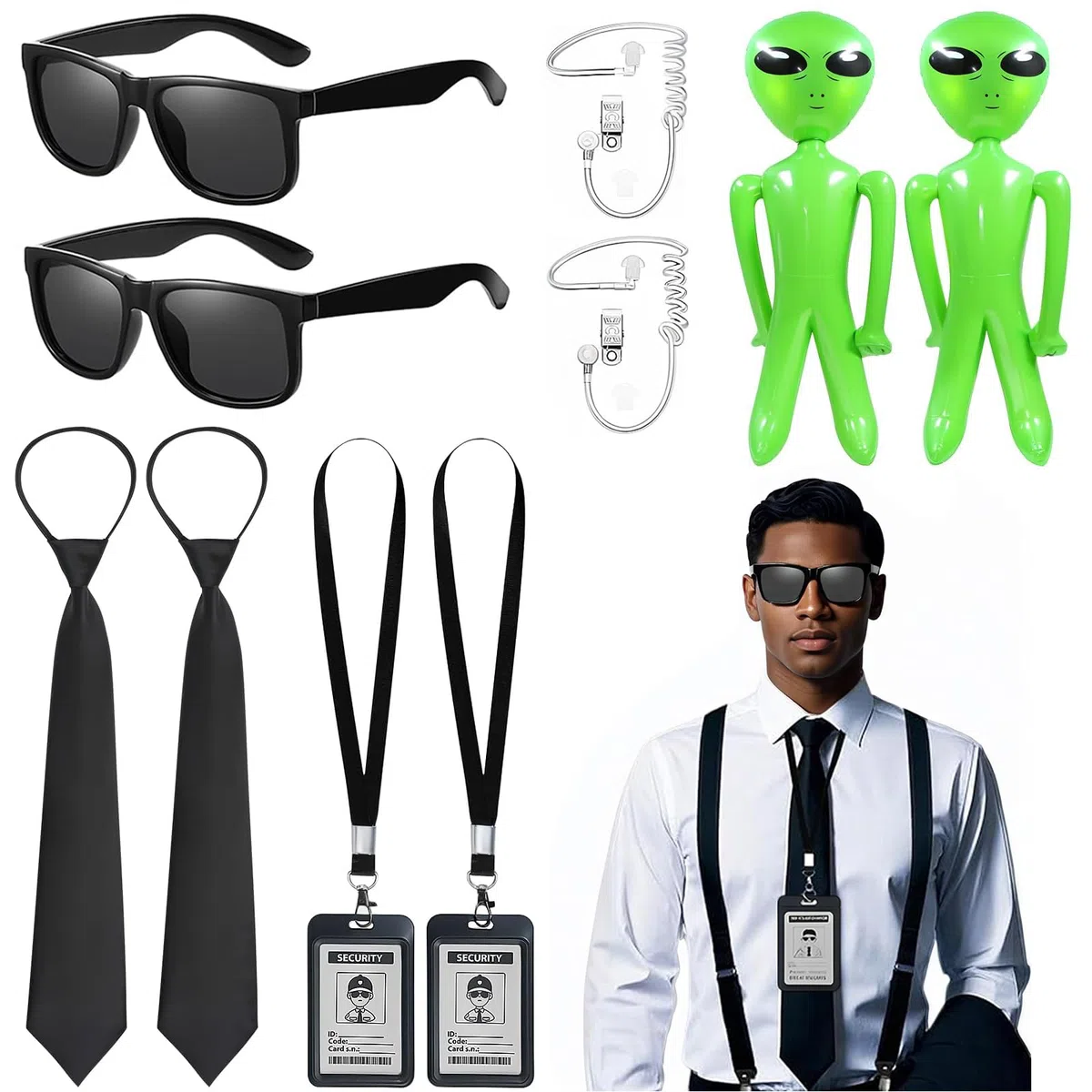 Costume da uomo in nero, costume di Halloween, 10 pezzi agenti, set di accessori per costume con occhiali da sole walkie-talkie, cravatta, badge e striscioni, costume di sicurezza per carnevale