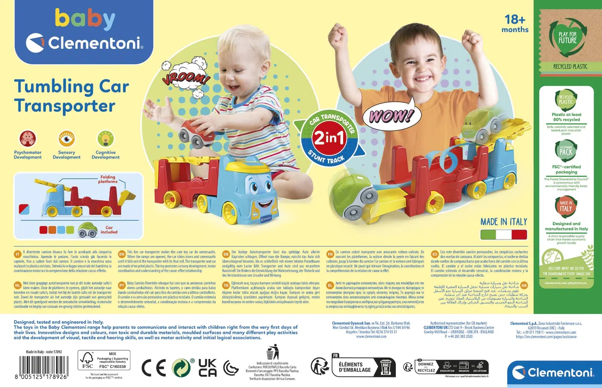 Clementoni - Camion Giocattolo per Bambini, Tumbling Car Transporter in Plastica Riciclata con Camion Trasportatore, Pista per Auto e Macchinina, Gioco Prima Infanzia 18-16 Mesi, Made in Italy, 17892