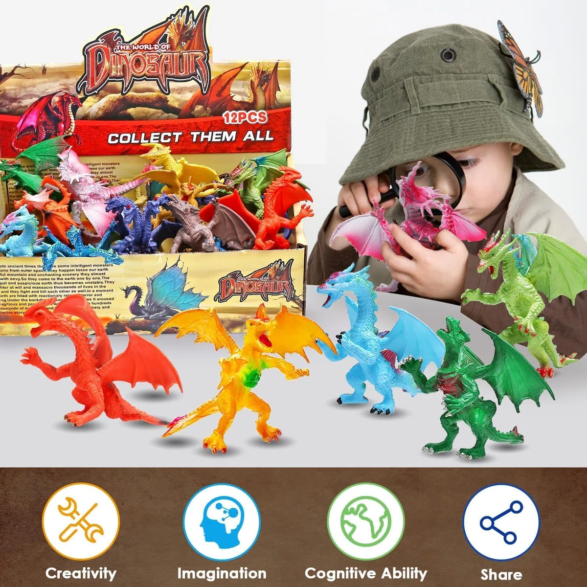 YeoNational&Toys Giocattoli Drago, 12 Pezzi Assortiti Figure Drago Realistiche, 4 Pollici Mini Drago Set con Scatola di Regalo