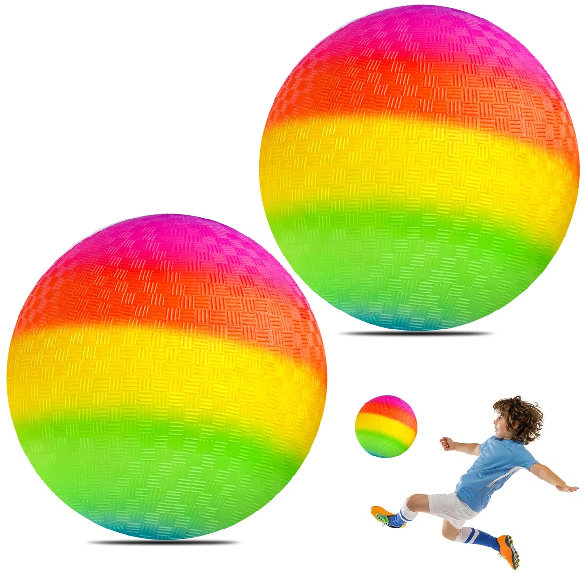 JSMTKJ Set di 2 palline arcobaleno, Bouncy Kickball arcobaleno, in PVC, per palloni da spiaggia e giardino, giochi per interni ed esterni, 22 cm