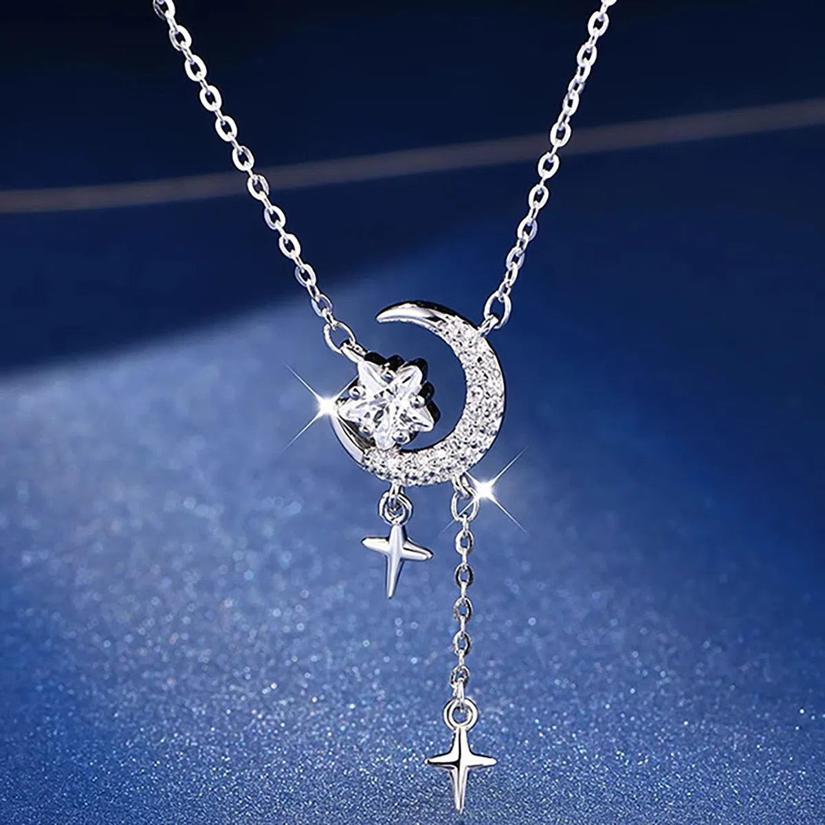 Collana Donna Ciondolo Luna e Stelle Collana in Argento 925 per Donna Bambina Ragazza Pendente Luna Crescente Zirconi Pendente Stella Cristalli Brillantini Gioielli