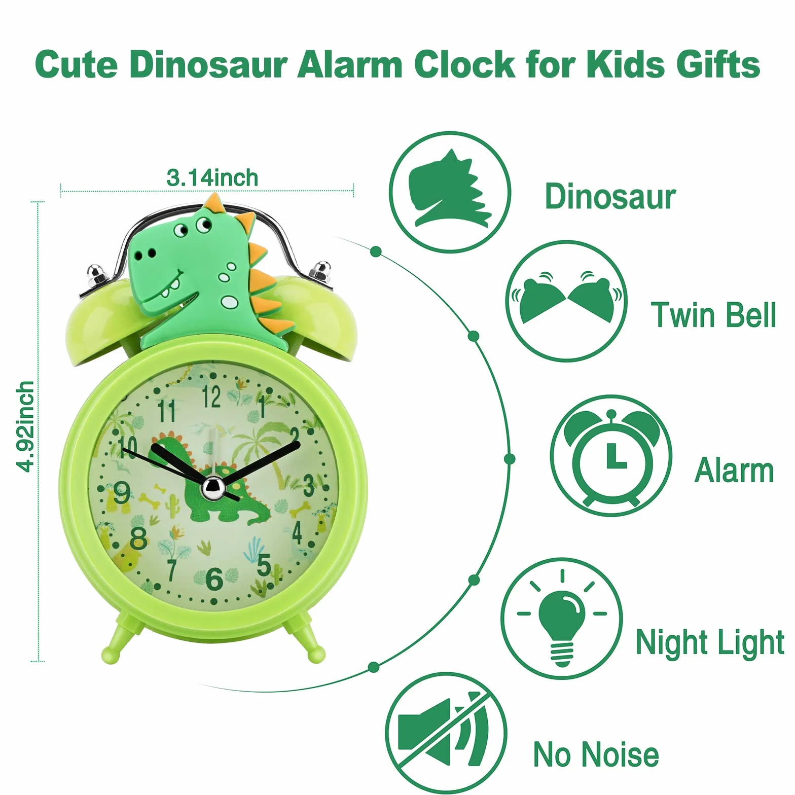 TCJJ Sveglia con dinosauro per ragazzi, senza ticchettio, sveglia verde per bambini e ragazzi, classica sveglia a doppia campana forte, retroilluminata, adatta per regali scolastici