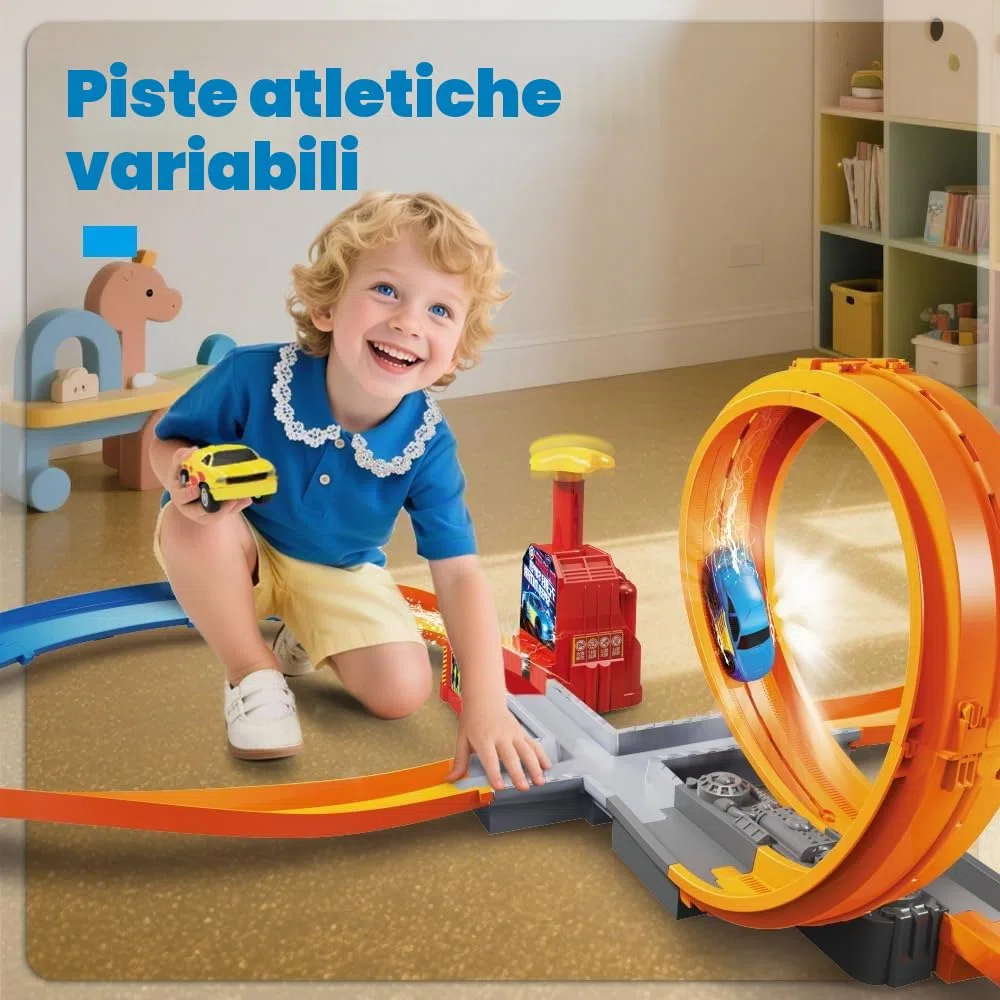 Set pista per slot car VATOS per ragazzi - Pista slot per bambini con accelerazione manuale a 360 gradi, montagne russe con catapulta fai da te 3 4 5 6 7 8 9 10 bambini