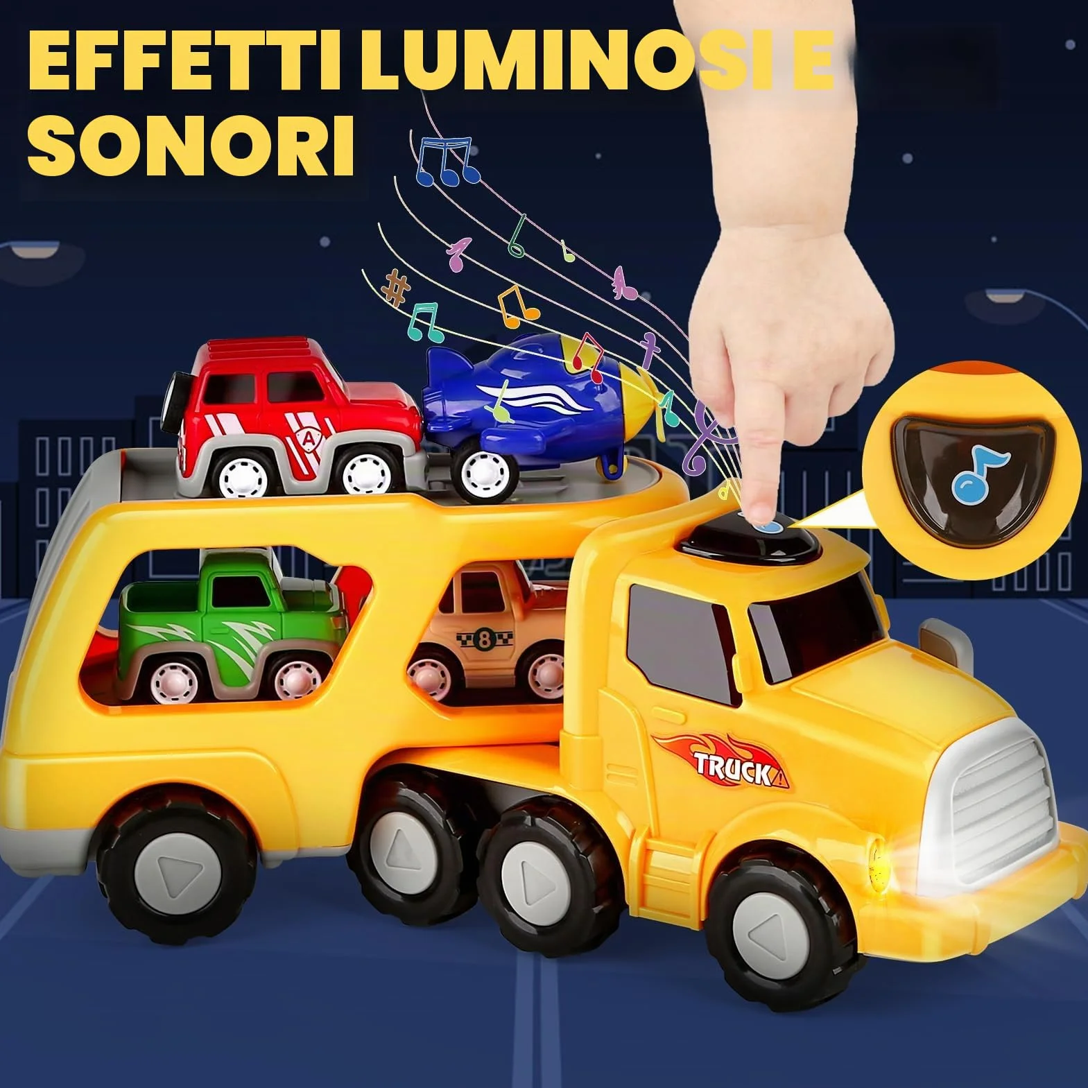Aoskie Camion Macchinine 2 3 4 Anni, 5 in 1 con Suoni e Luci, 4 Mini Cars, Giocattolo Regalo per Bambino