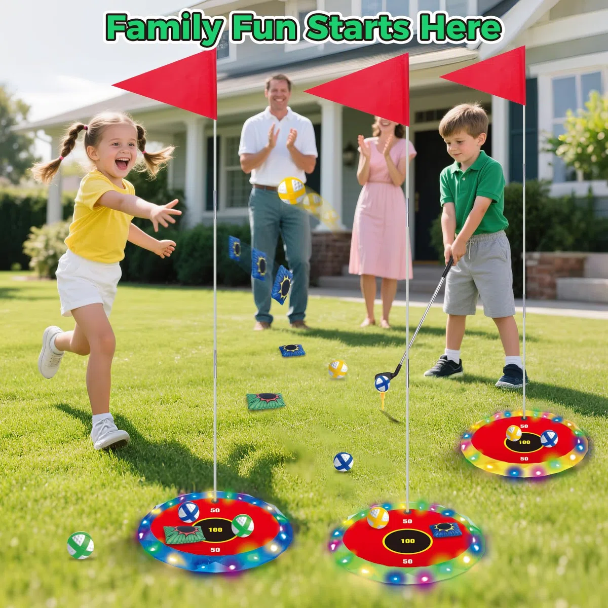 VATOS 2-in-1 Golf con luci per bambini - Gioco di chipping e lancio di borse con 6 bersagli LED, 2 mazze, 18 palline, golf notturno per feste in interni ed esterni, regali sportivi per bambini di età