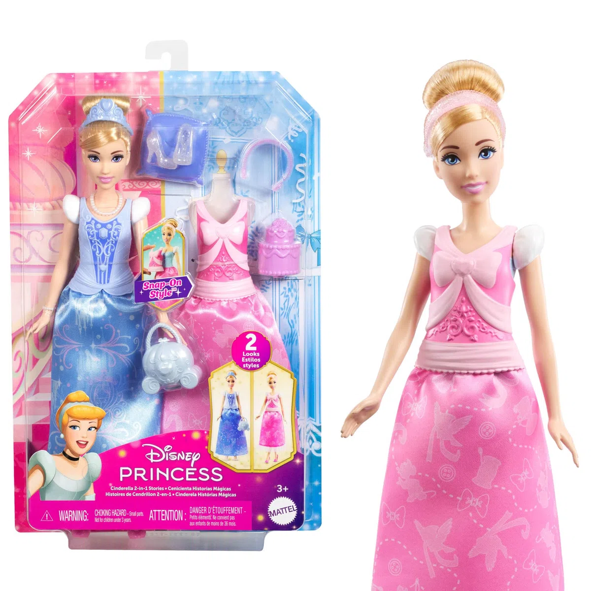 Mattel Disney Princess - Cenerentola 2 storie in 1, bambola alla moda ispirata al film con 2 look completi intercambiabili e 9 accessori inclusi, giocattolo per bambini, 3+ anni, rosa, JCR95