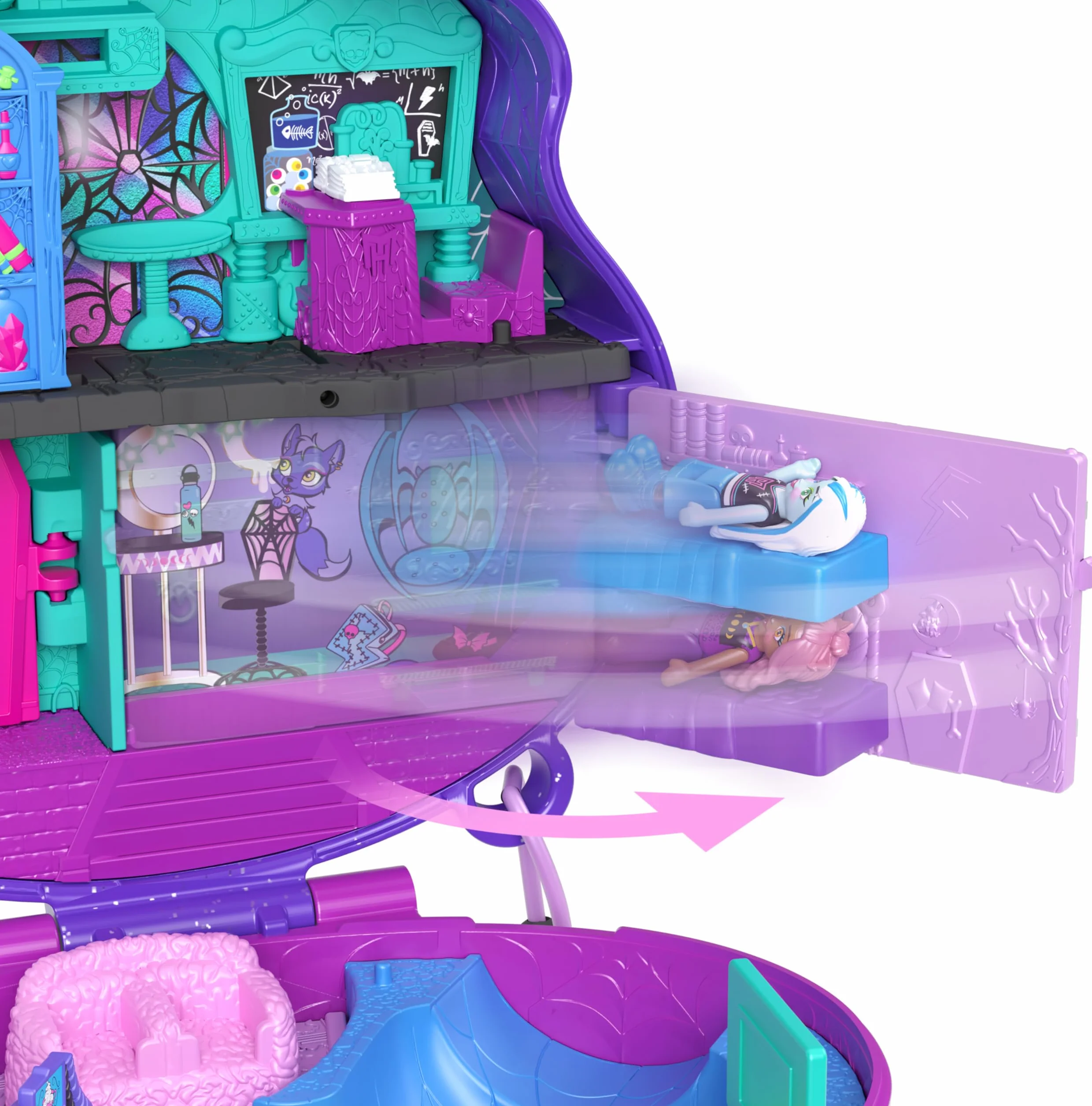 Polly Pocket Monster High - Set Mostramiche, playset scuola superiore con 3 micro bambole Monster High e 10 accessori da paura inclusi, giocattolo per bambini, 4+ anni, HVV58
