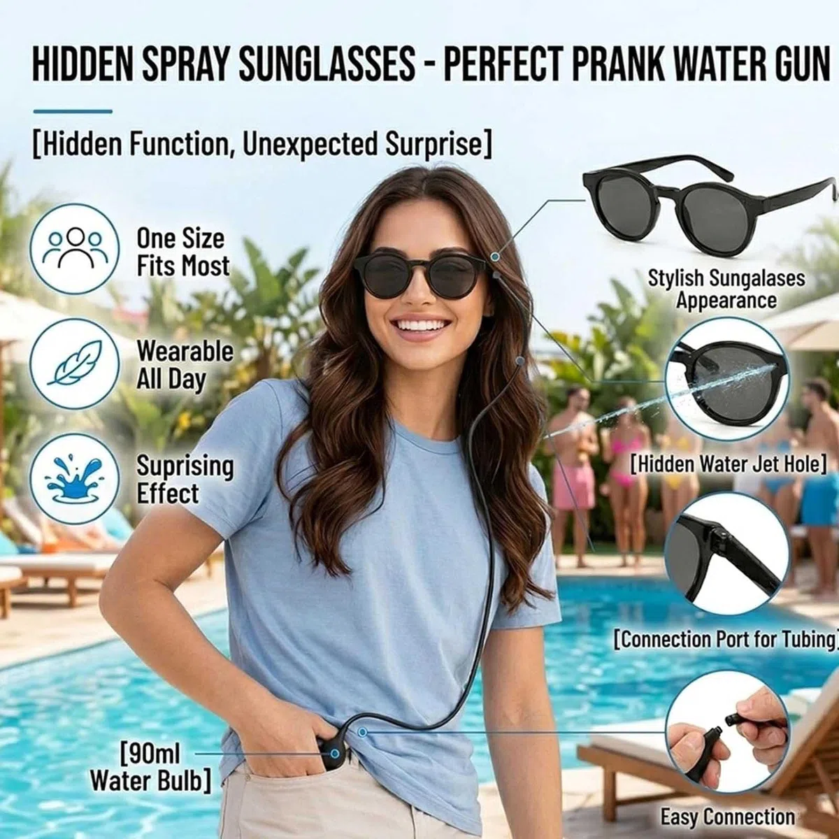 Occhiali da sole scherzosi con spruzzatore d'acqua nascosto e serbatoio d'acqua ricaricabile da 90 ml, divertenti occhiali che sparano acqua, gadget divertenti per feste estive per adulti (#1)