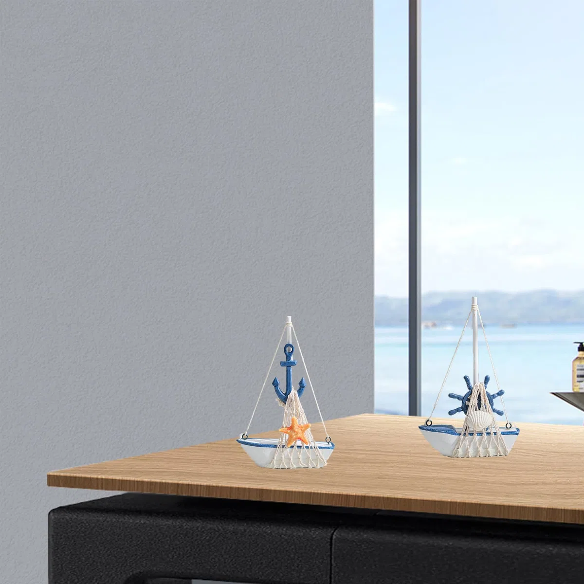 2 Pezzi Decorazione Nautica, Legno Ornamenti Barca, per Delle mare Sulla Spiaggia Modello Barca vela legno con rete pesca, barche a vela in legno e metallo