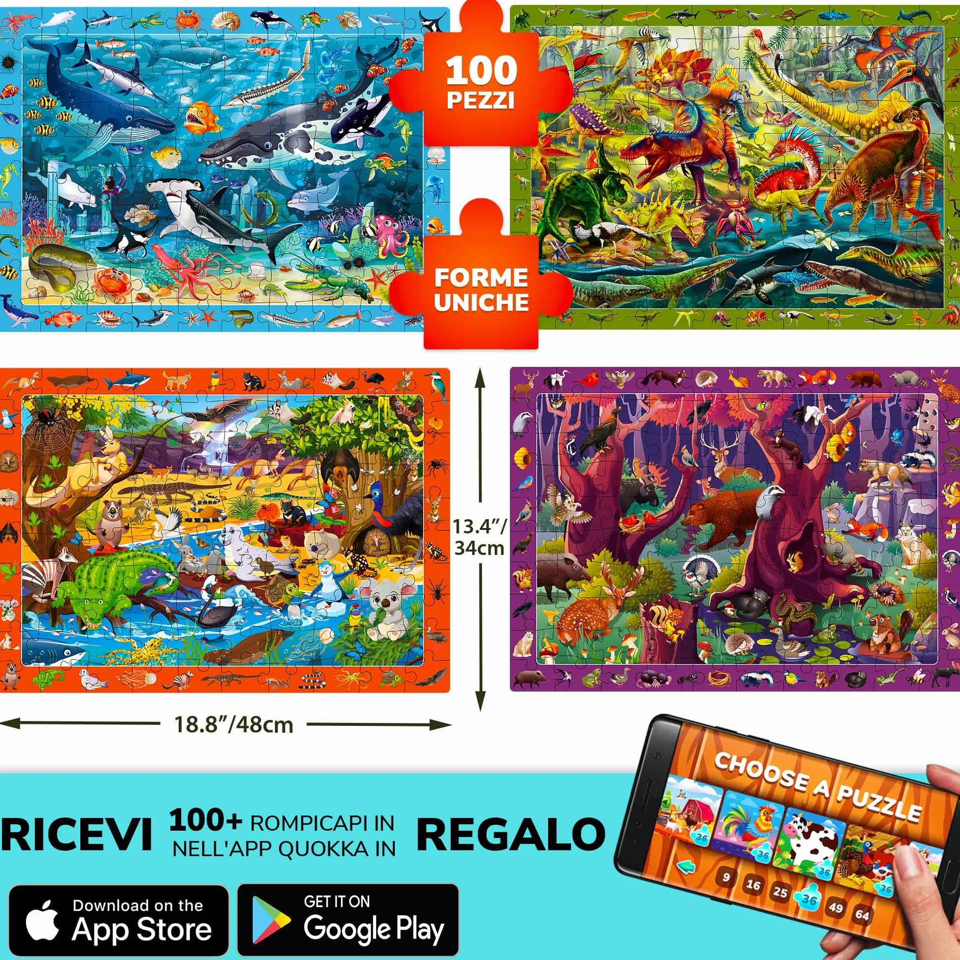 Puzzle da 100 Pezzi per Bambini 3 4 5 Anni - Set di 3 Puzzle da Pavimento Giganti - Impara Animali e Insetti della Foresta Oceanica - Giocattoli Educativi per Ragazzi e Ragazze dai 6 ai 7 Anni