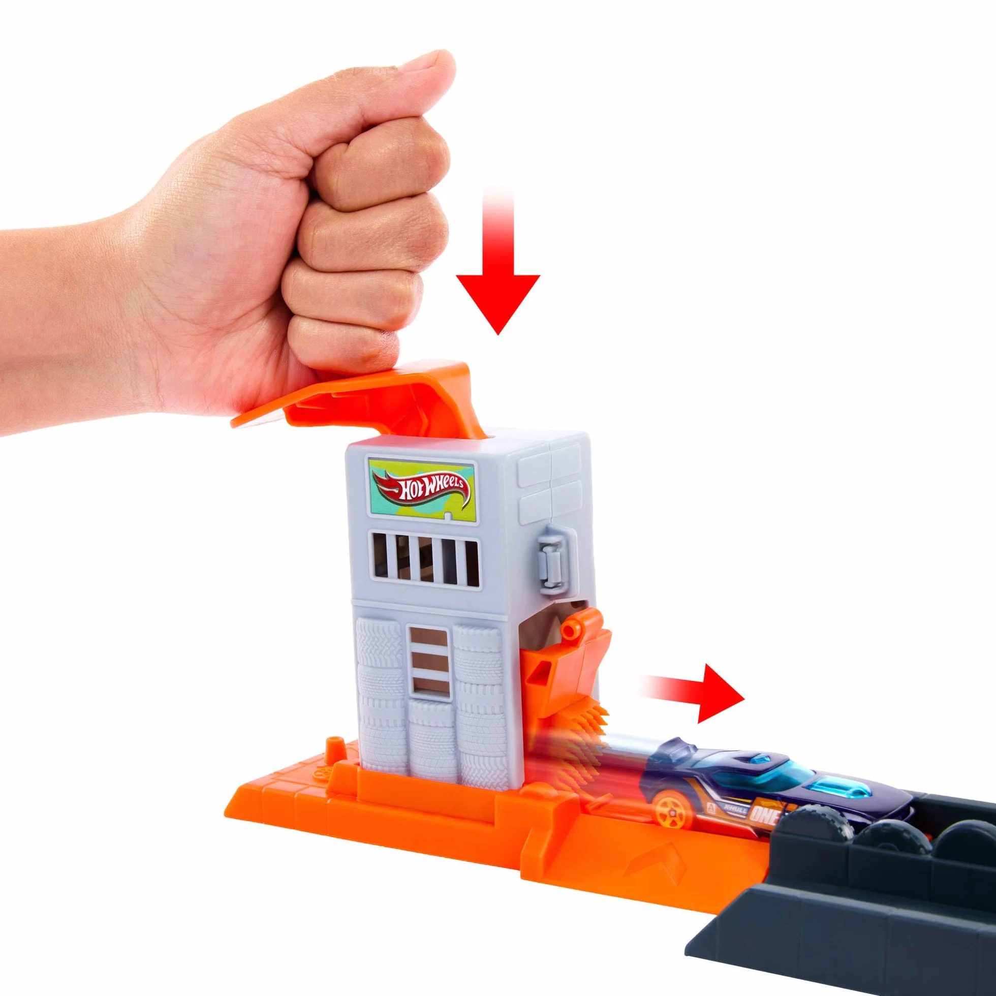 Hot Wheels - Attacco del Gorilla, set con curva pieghevole e officina, sconfiggi il gorilla e vinci la corsa, veicolo incluso e pista con sistema Speed Snap, 4+ anni, JHL92
