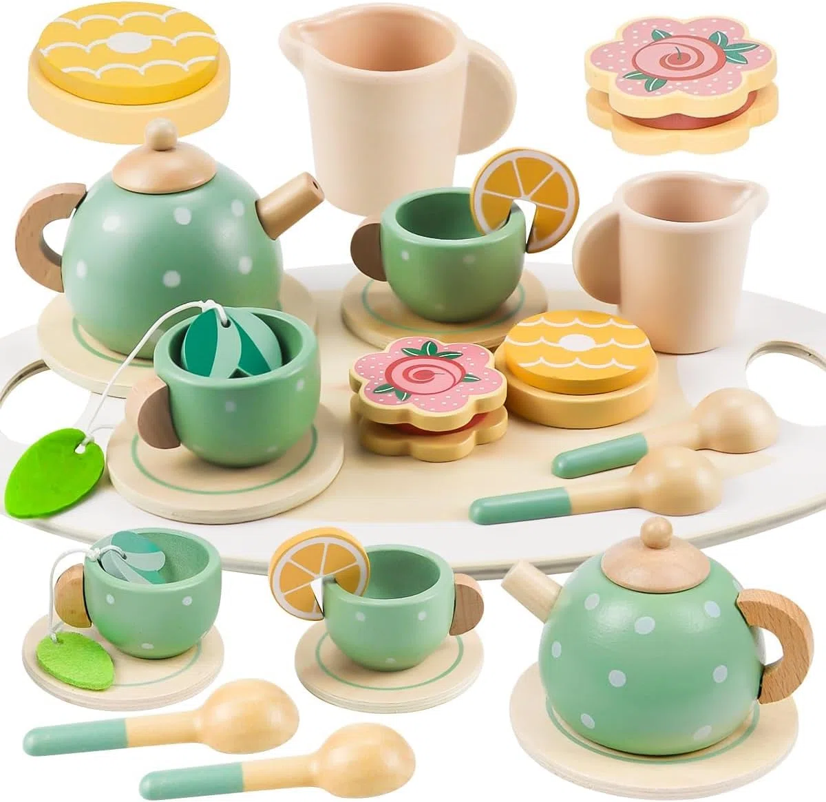Set da Tè in Legno per Bambini - 14pcs Accessori Cucina Giocattolo con Accessori - Set da tè Pomeridiano, Servizio da tè di Ruolo, Regalo per Feste, Regali di Compleanno
