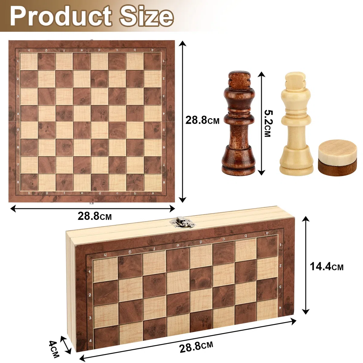Scacchiera in Legno, 3 in 1 Scacchi Dama Backgammon, Portatili e Pieghevole Scacchiere, Scacchi da Viaggio per Adulti Bambini All'aperto Festa - 29x29cm