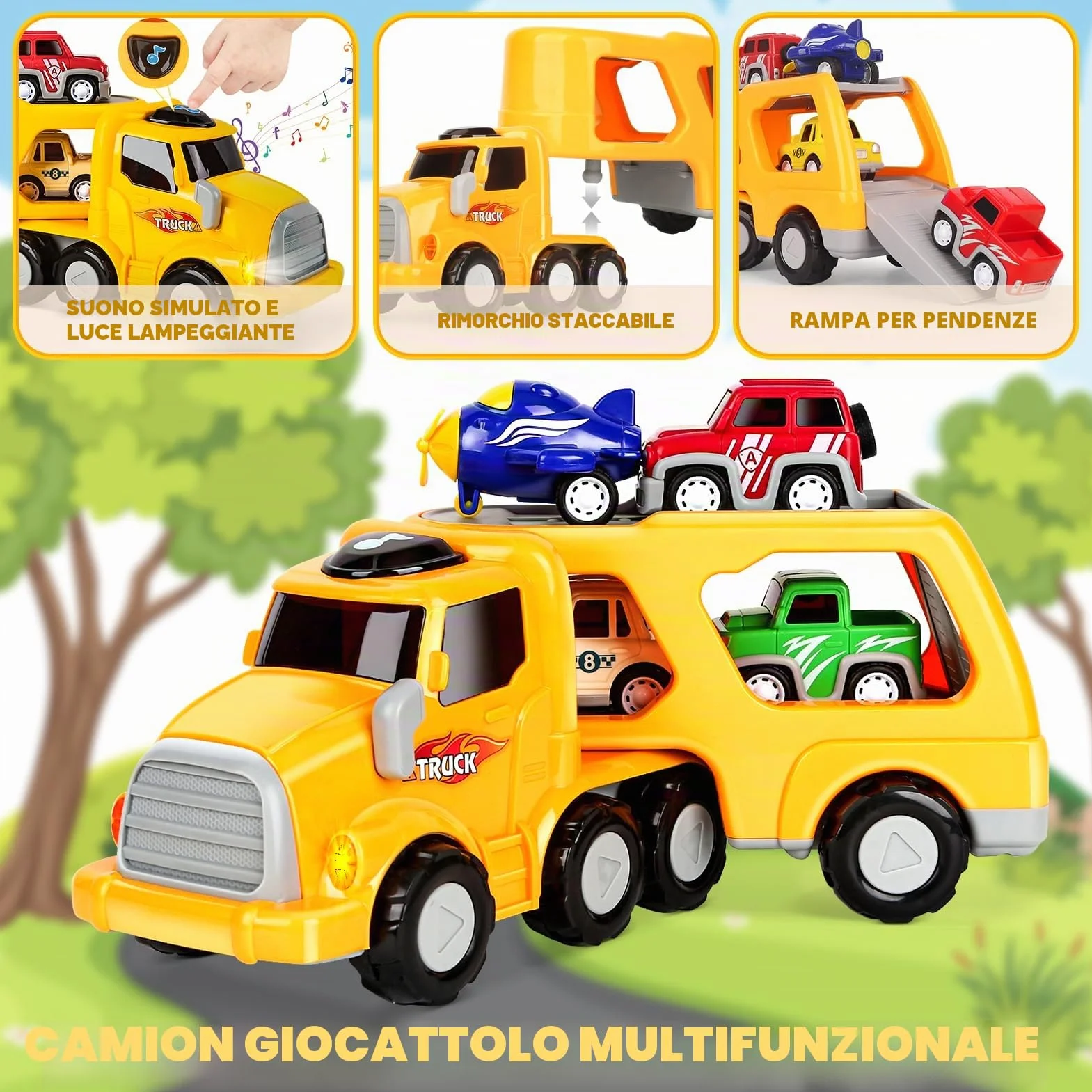 Aoskie Camion Macchinine 2 3 4 Anni, 5 in 1 con Suoni e Luci, 4 Mini Cars, Giocattolo Regalo per Bambino