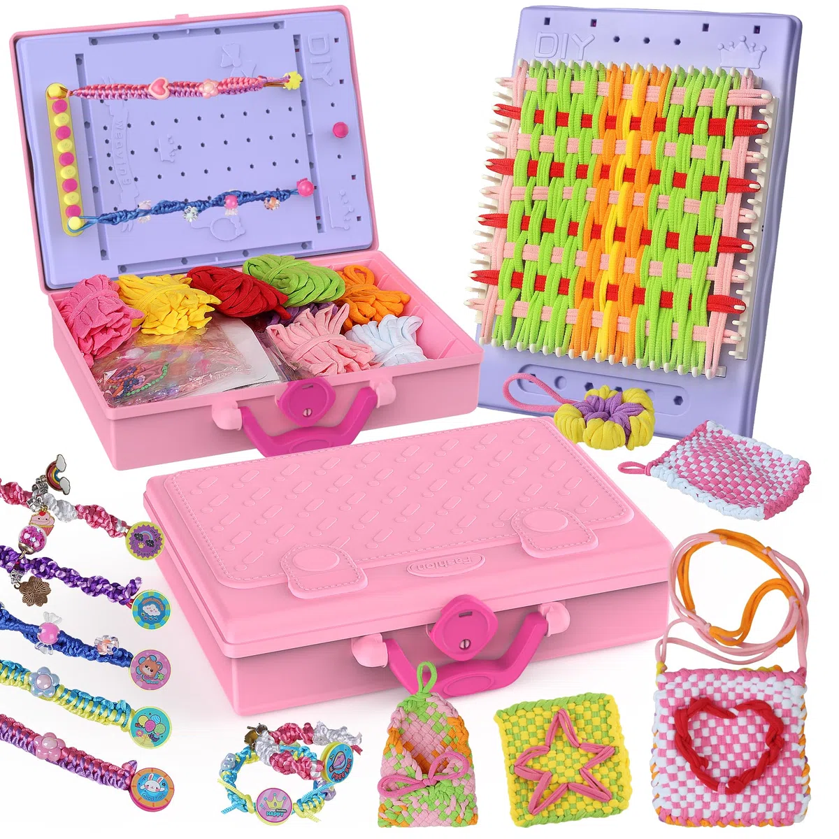 Kit 3 in 1 da 400 pezzi con telaio per tessitura, kit per la creazione di braccialetti dell'amicizia, portatile, con scatola portaoggetti, anelli fai da te per adulti, regali per bambini dai 5 ai 6 ai